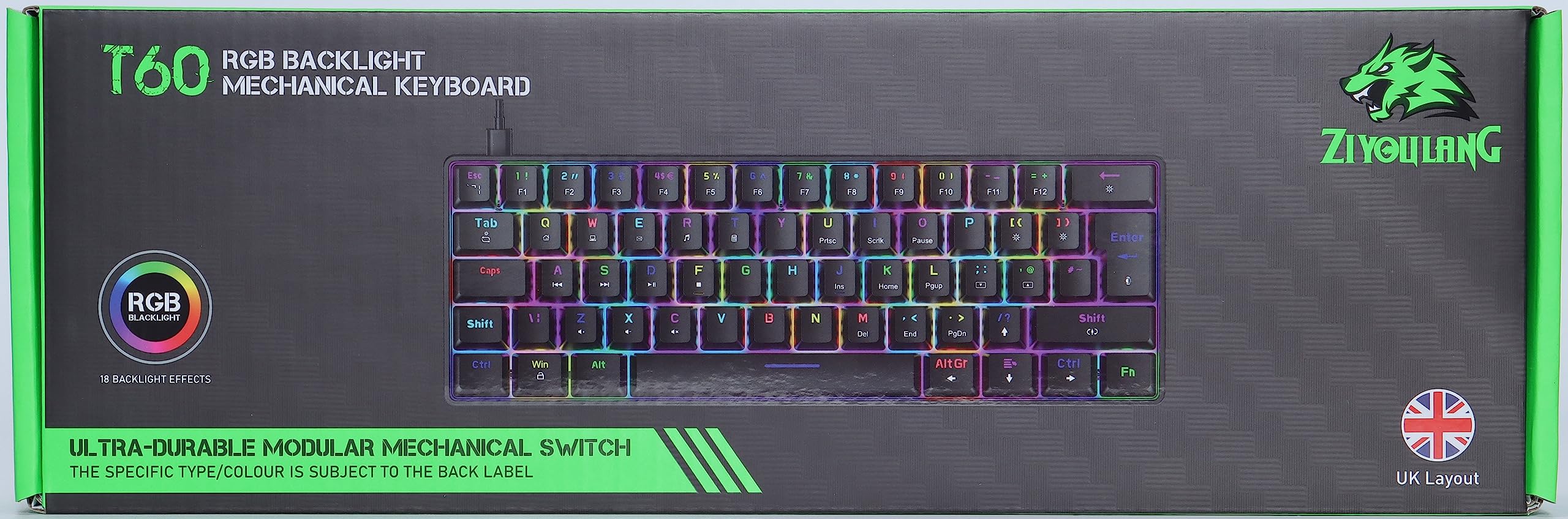 60% Mechanical Keyboard UK Layout - RGB Backlit, USB-C, for Gaming & Office