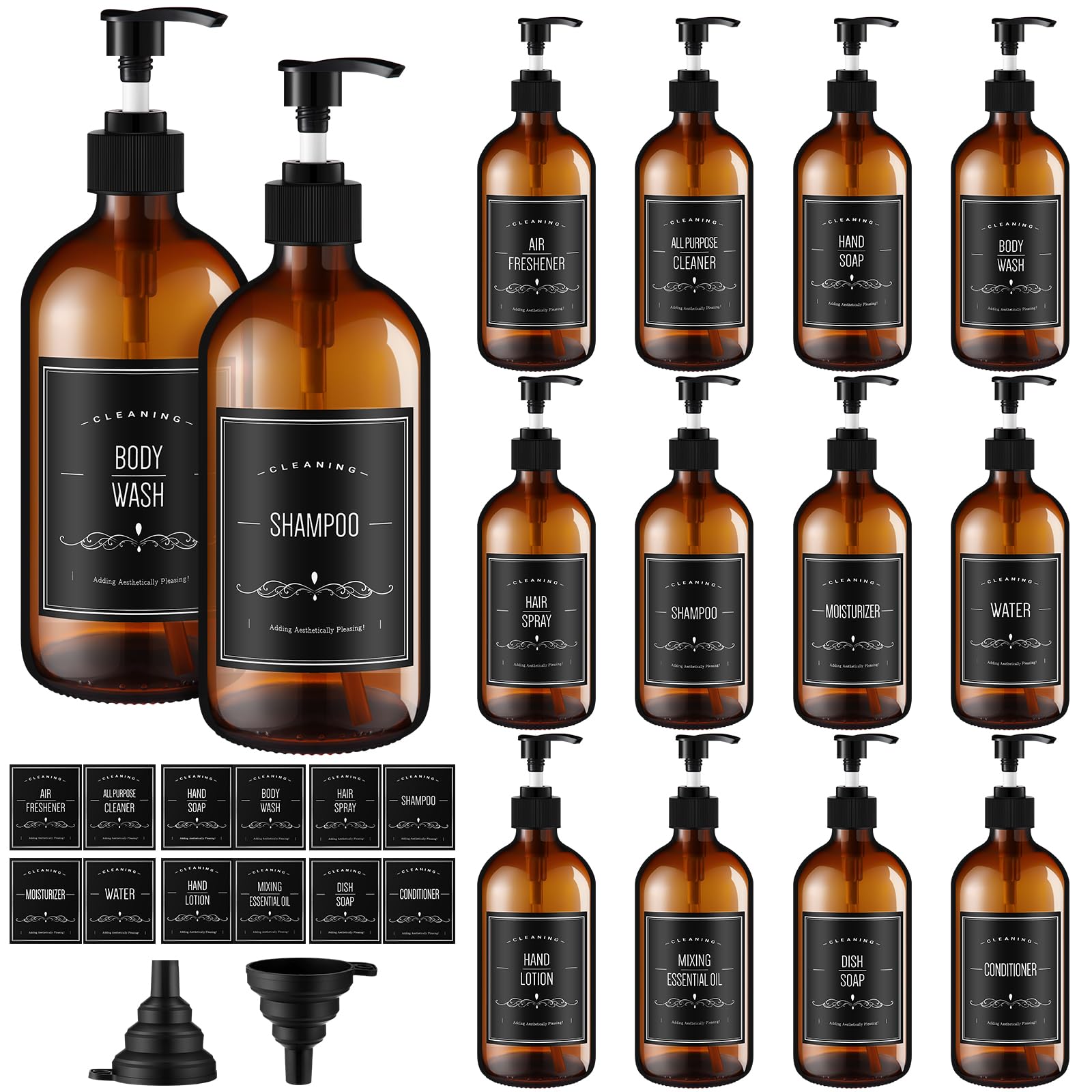 Queekay 12 Pack 16.9oz Amber Refillable Glass Bottles with Black Lotion Pumps - Reusable Shampoo, Conditioner & Soap Dispensers (Includes 2 Funnels & 12 Labels) - Perfect for Bathroom Organization, DIY Beauty Products & Eco-Friendly Home Storage