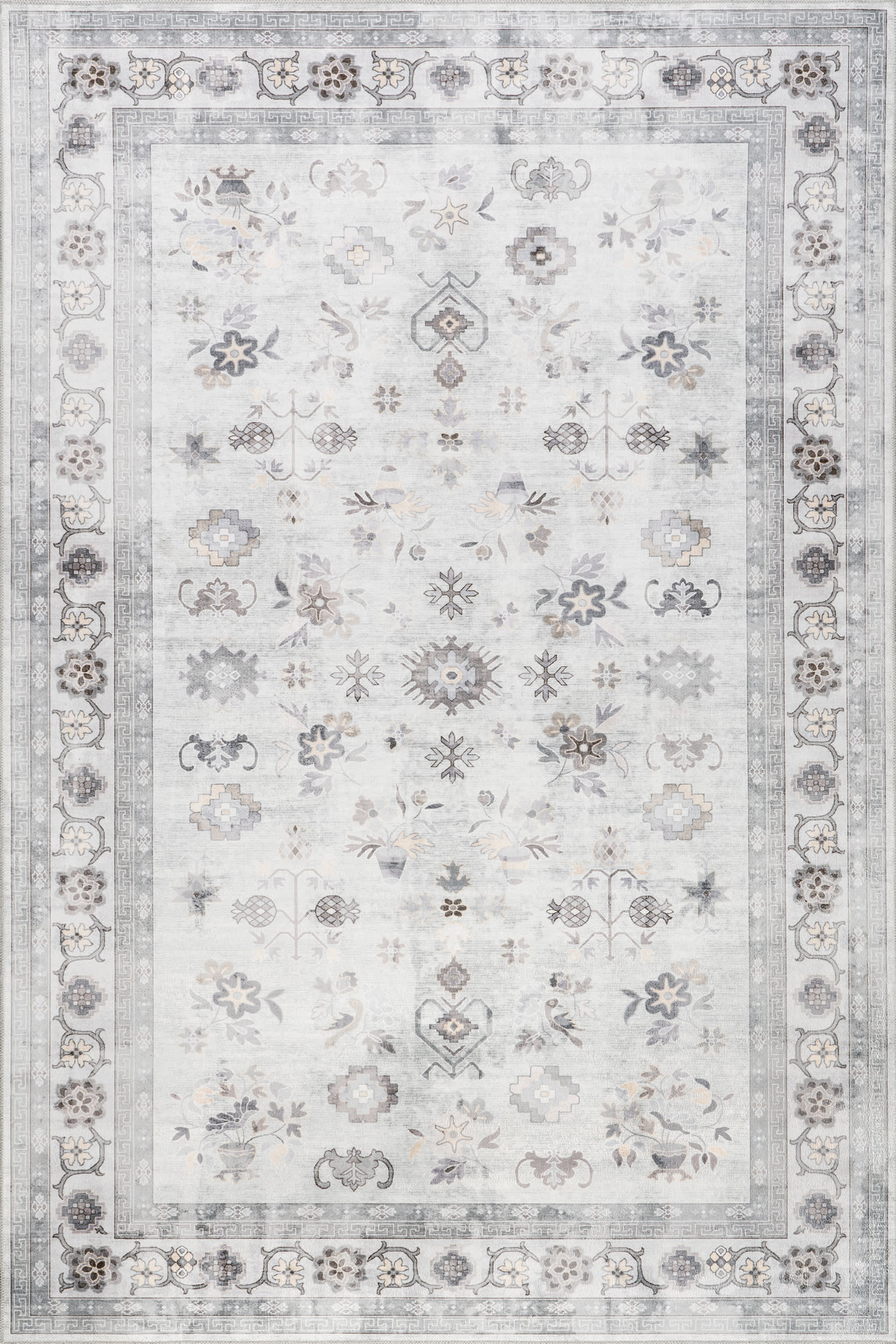 Dayflower Vintage Washable Rug - Soft Light Grey Area Rug for Living Room, Bedroom & Nursery | Machine Washable Boho Chic Decor