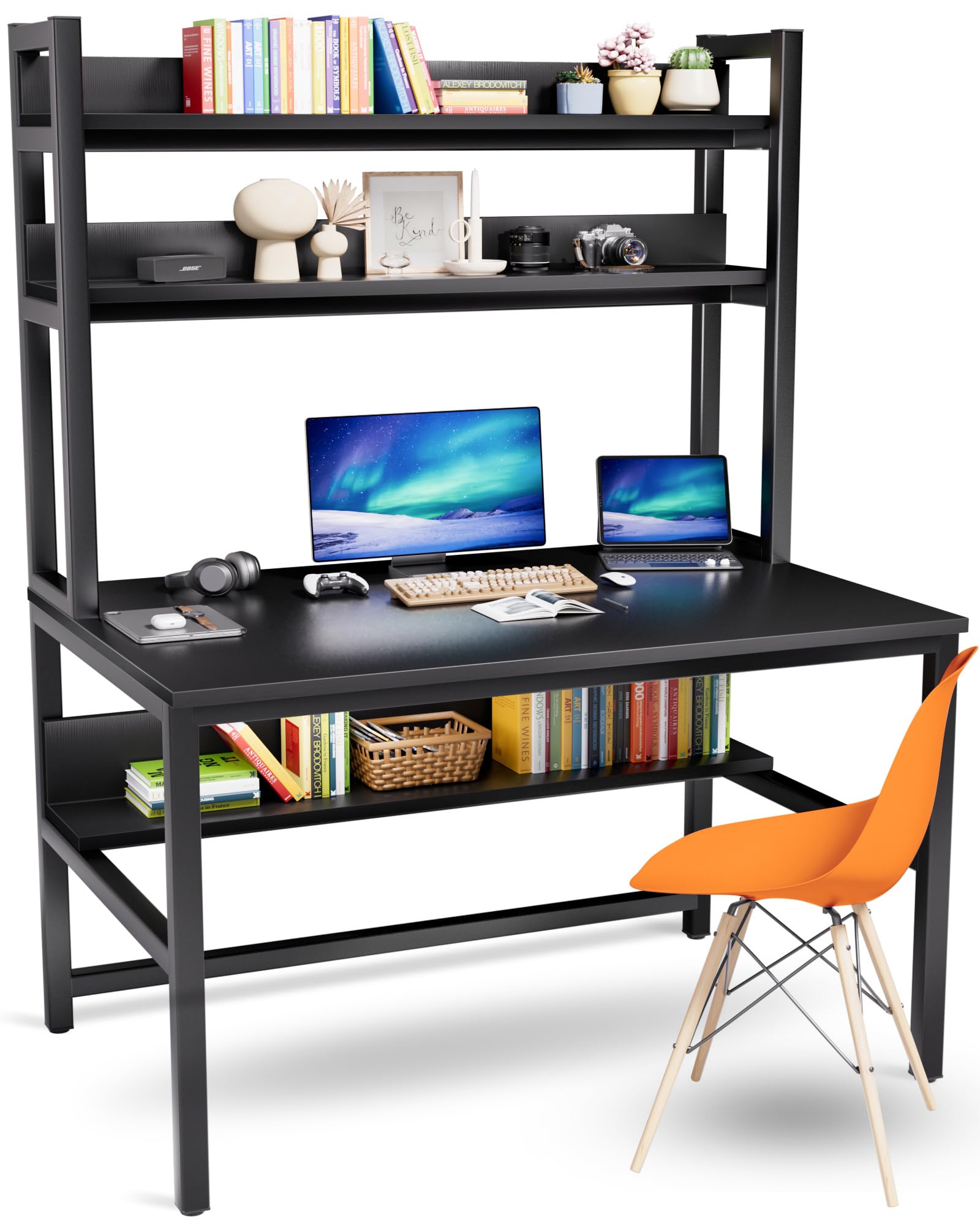 Black Computer Desk with Hutch & Bookshelves - 47