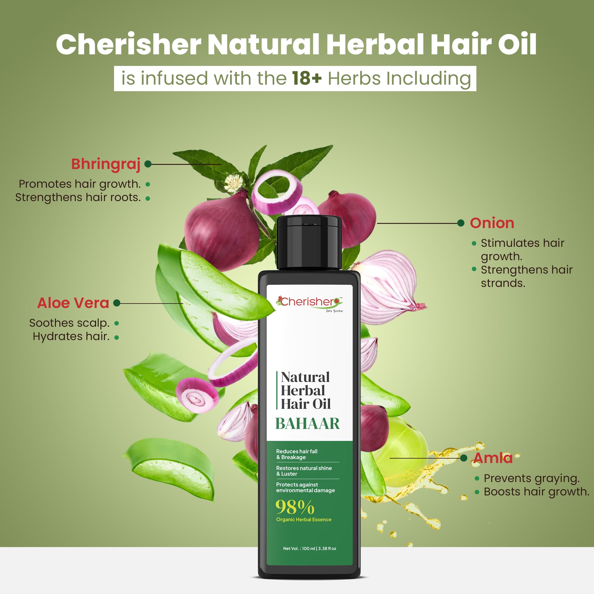 Cherisher Bahaar Natural Herbal Hair Oil 100ml - Organic Hair Growth Treatment for Men & Women | Reduces Hair Fall, Strengthens All Hair Types | Perfect for Daily Scalp Massage & Ayurvedic Hair Care Routine