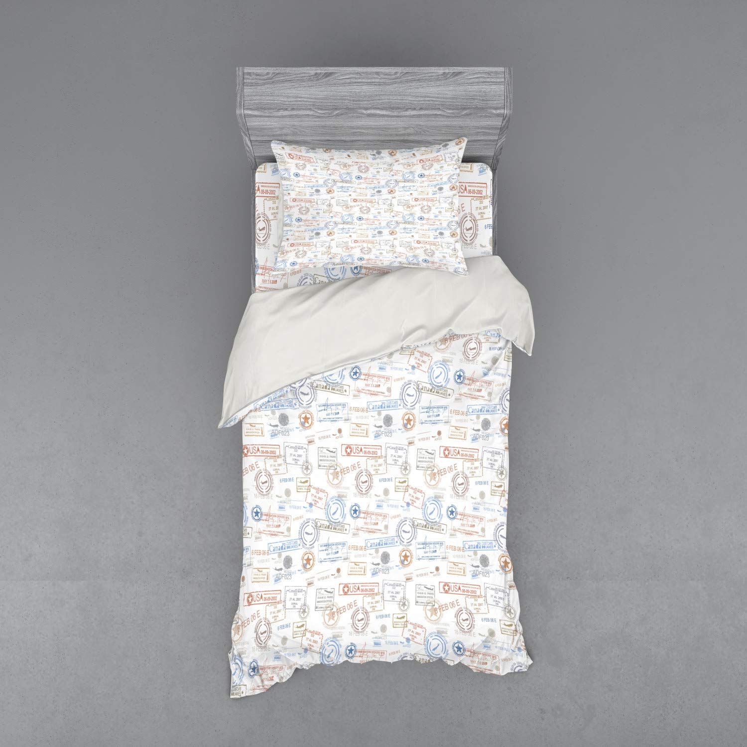 Ambesonne Vintage Travel-Themed Duvet Cover Set - 3 Piece Bedding with Sham & Fitted Sheet, Twin Size, Multicolor Old Passport Stamp Design | Perfect for Guest Rooms, Vacation Homes & Travel Enthusiast Bedrooms