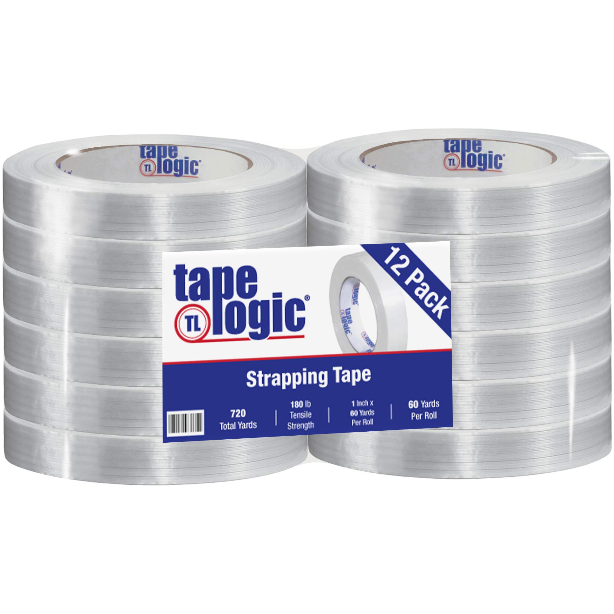 Aviditi Tape Logic 1 Inch x 60 Yards Reinforced Glass Filament Strapping Tape - Clear Packing Tape for Shipping, Bundling & Securing Heavy Packages (12 Rolls) - Ideal for Warehouse, Moving & E-commerce Shipping