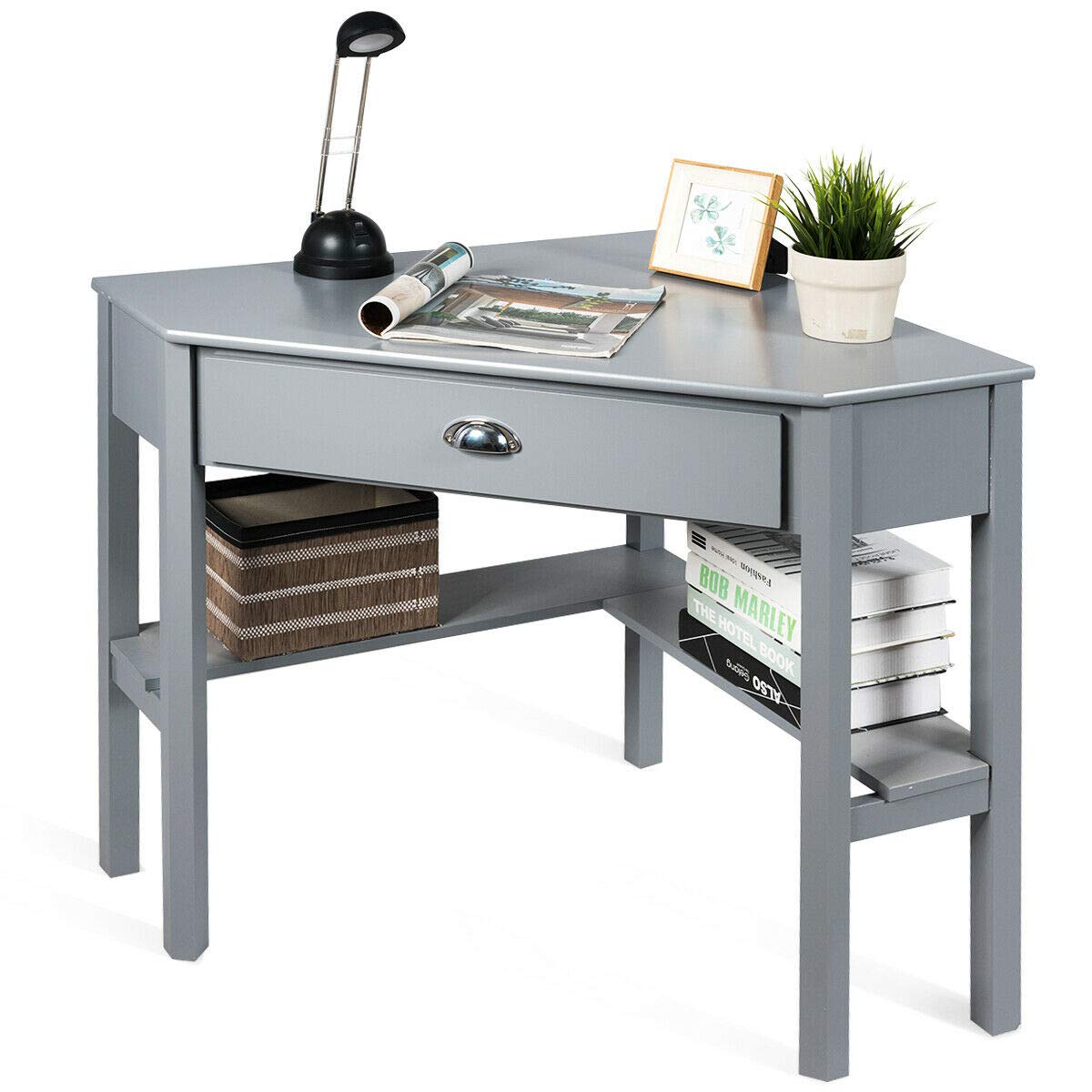 Ergonomic Grey Corner Computer Desk with Slide-Out Keyboard Drawer & Bottom Storage Shelf | Compact L-Shaped Workstation for Home Office, Study Room & Small Spaces | Perfect for PC, Laptop, Writing & Gaming Setup in Apartments, Dorms & Living Rooms