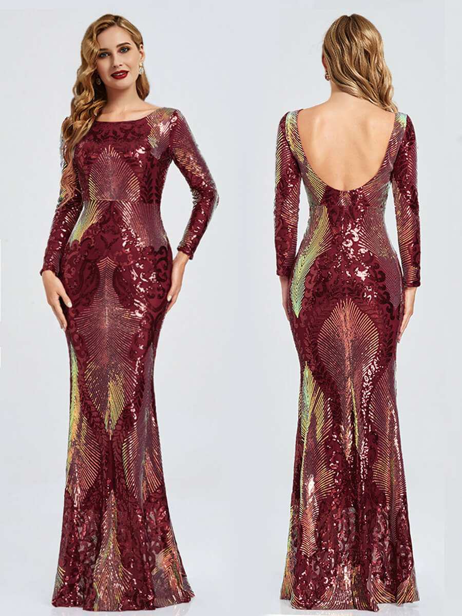 Elegant Burgundy Backless Long Sleeve Sequin Maxi Mermaid Evening Gown for Women | Formal Prom, Wedding Guest & Special Occasion Dress
