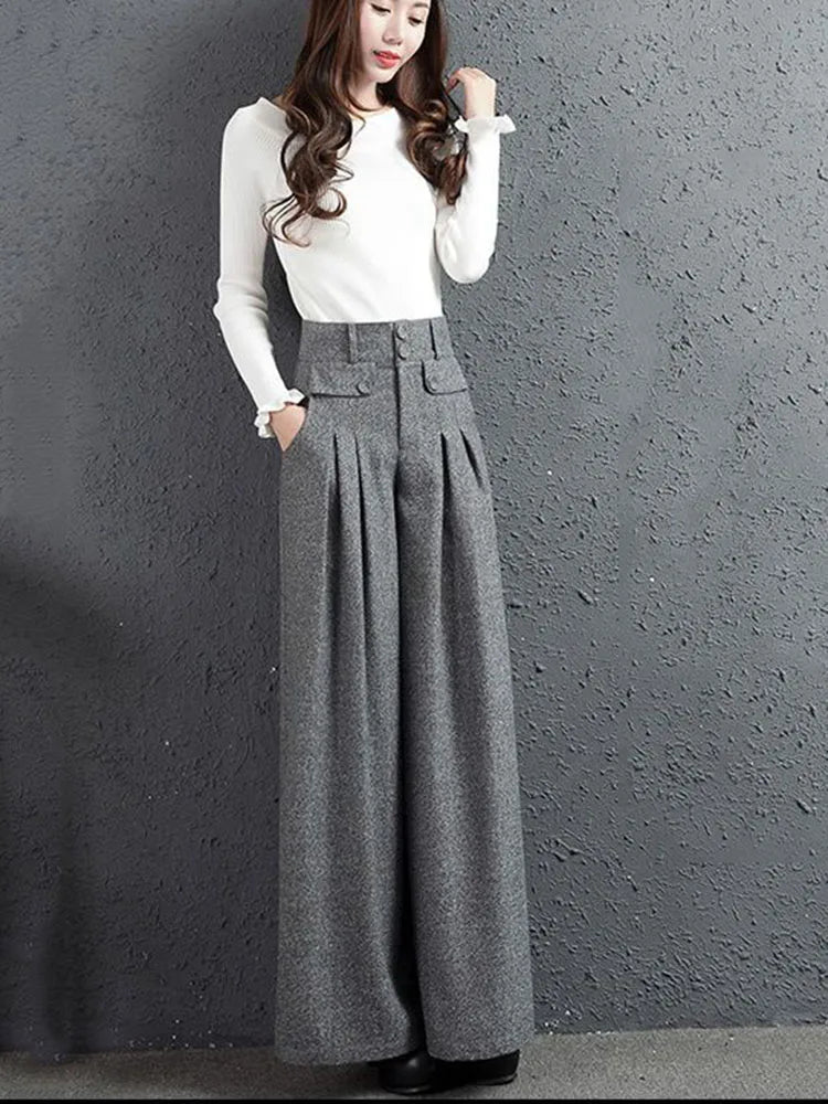 Women's High Waist Wool Blend Wide Leg Pants - Autumn Winter Korean Fashion Oversized Culotte Trousers with Belt | Casual Office Wear & Street Style Outfits