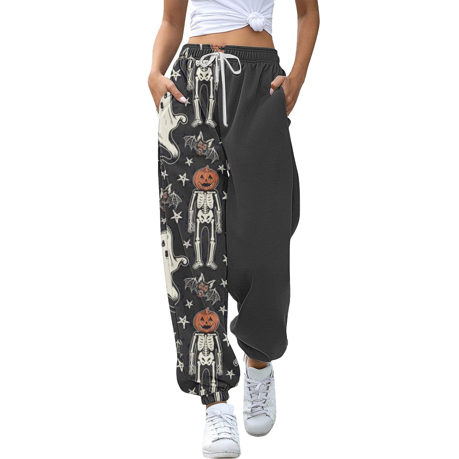 **Women's Halloween Pumpkin Print Sweatpants - High Waisted Joggers with Pockets, Cinched Bottom for Lounge, Sleep & Active Wear - Cozy Pajama Pants for Fall & Halloween Costumes**