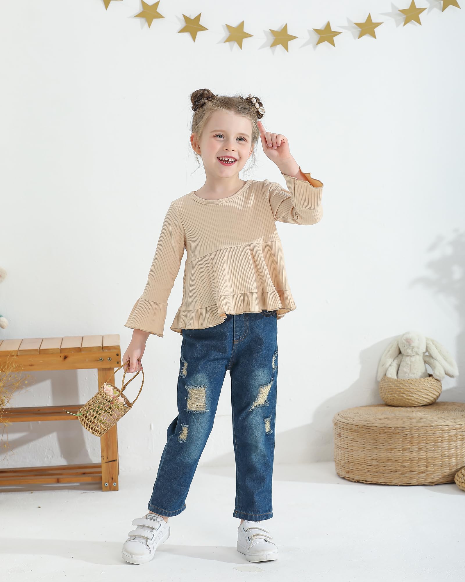 Baby Girl Clothes Set - Toddler Girls Ruffle Shirt & Denim Jeans Outfit | Cute Fall Winter Toddler Outfits | Perfect for Playdates, Family Photos & Holiday Events