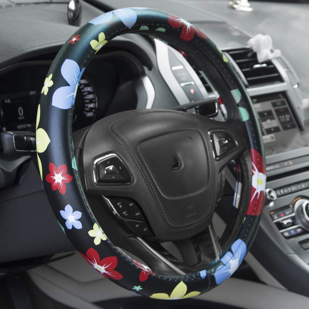 Dotesy Leather Floral Steering Wheel Cover - Universal Fit 36-38cm, Anti-Slip Car Interior Accessory for Women (Black Red) | Fashionable Protection & Decor for Daily Commute, Road Trips & Gift Giving