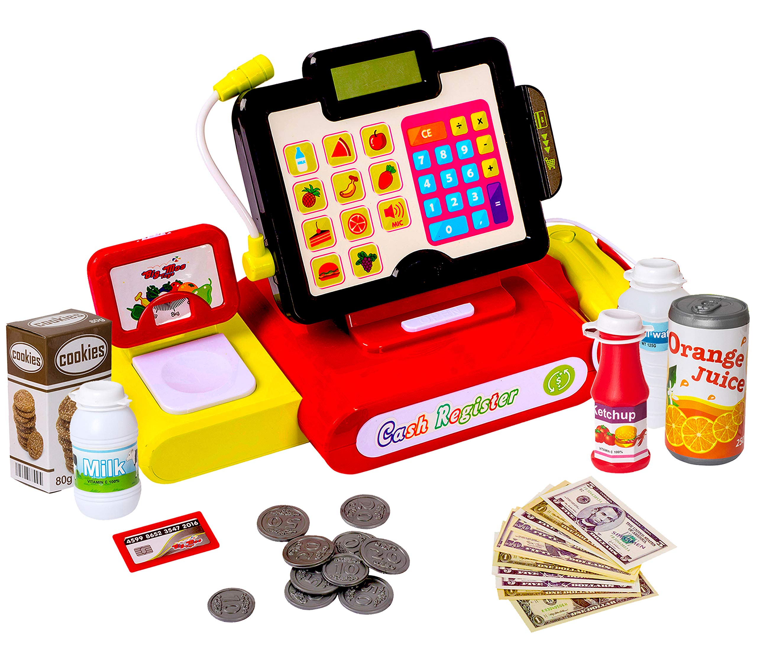 Big Mo's Toys Cash Register Play Set for Kids - 27 Piece Pretend Play Grocery Store Supermarket Toy with Fake Money, Play Food, Electronic Lights & Sounds | Educational Role Play Toy for Preschool Learning & Family Fun