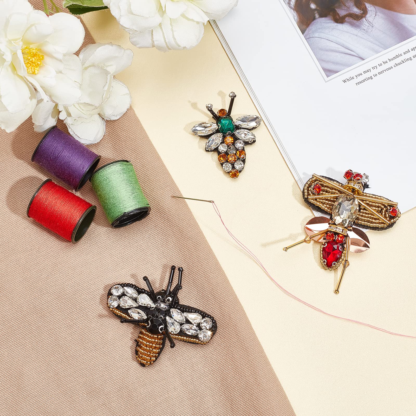 INFUNLY 3PCS Bees Beaded Patches - Rhinestone Sew On Sequin Appliques for DIY Crafts, Jeans, Jackets, Clothing & Accessories | Handmade Insect Bead Embroidered Patches for Bags, Shoes & Denim - Perfect for Customizing Outfits & Gifts