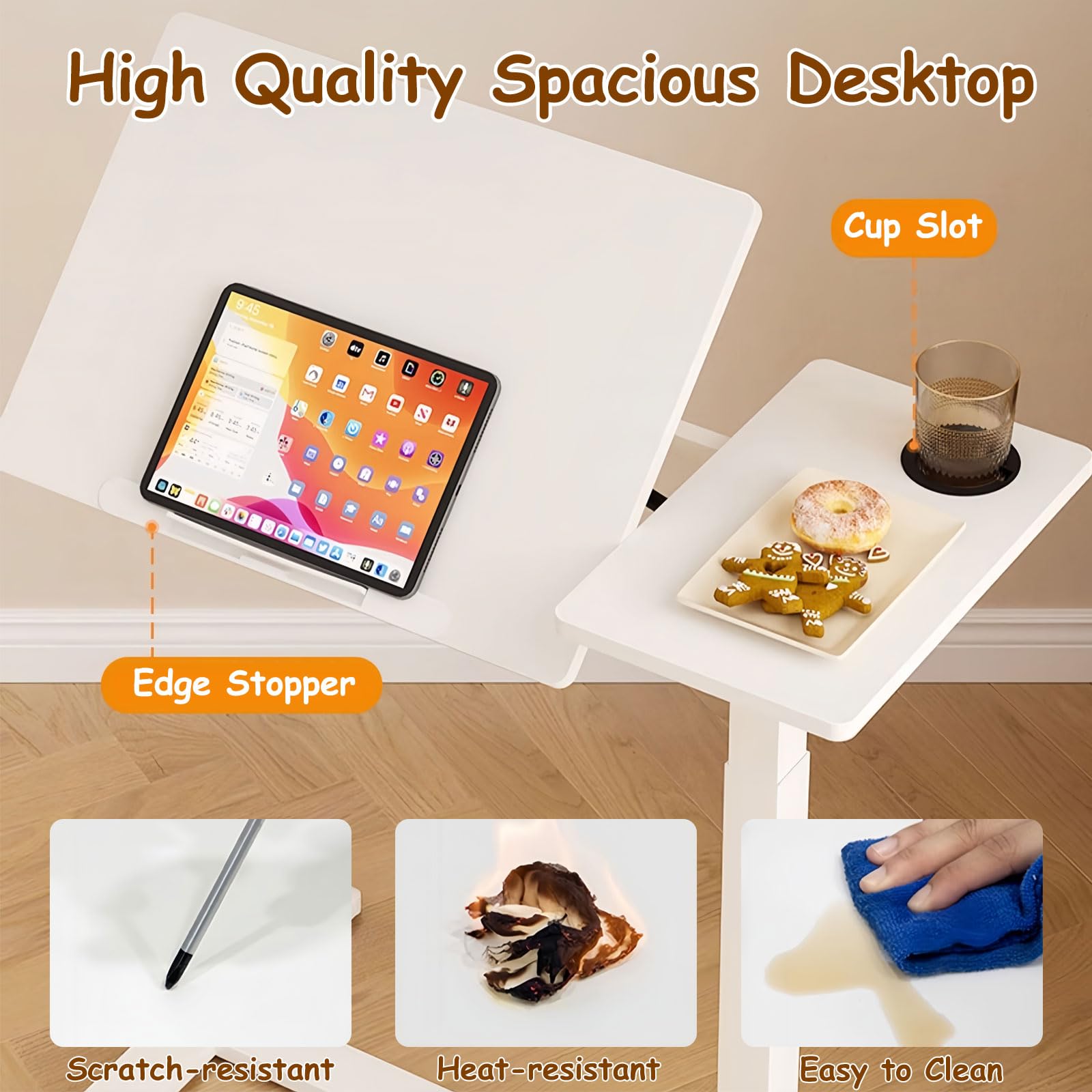 Adjustable Overbed Table with Pneumatic Height & Tilting Desktop - Rolling Laptop Standing Desk for Home & Hospital Use, Folding Design with Hidden Wheels & Cup Holder - Perfect for Bedside Work, Eating, Reading & Nursing Care