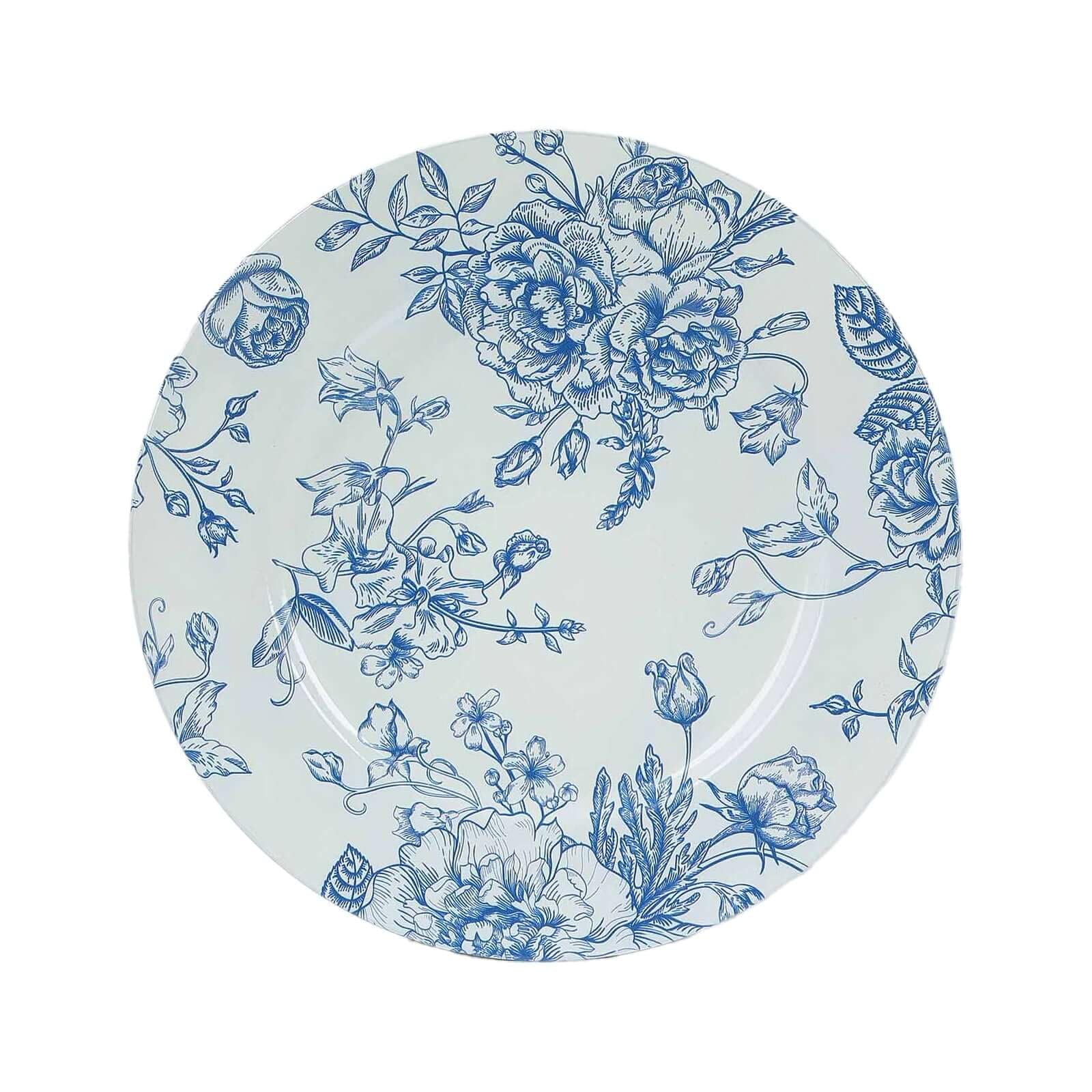 Efavormart 6 Pack White Blue Floral Acrylic Charger Plates - French Toile Pattern Round Dinner Plates for Wedding, Party & Holiday Decor - 13 Inch Elegant Table Setting Chargers