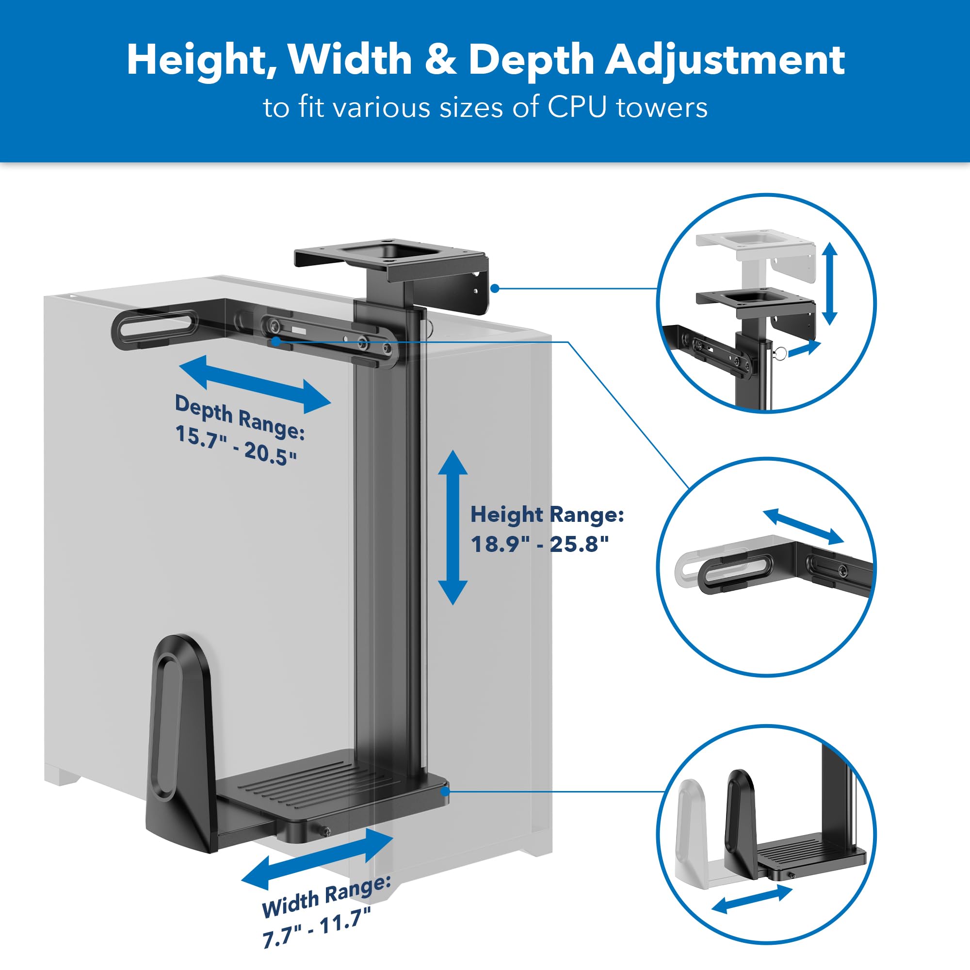 Mount-It! Heavy Duty Under Desk CPU Mount Bracket - Adjustable Height & Width Computer Tower Holder for Wall or Desk Installation - Supports Up to 44 lbs - Black | Perfect for Home Office, Gaming PC & Workspace Organization