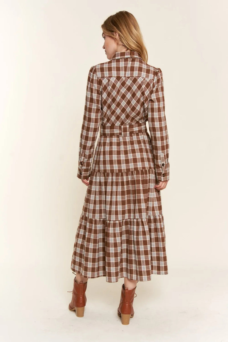 Stylish Plaid Tiered Midi Shirt Dress for Women - Perfect for Office, Date Night & Casual Outings