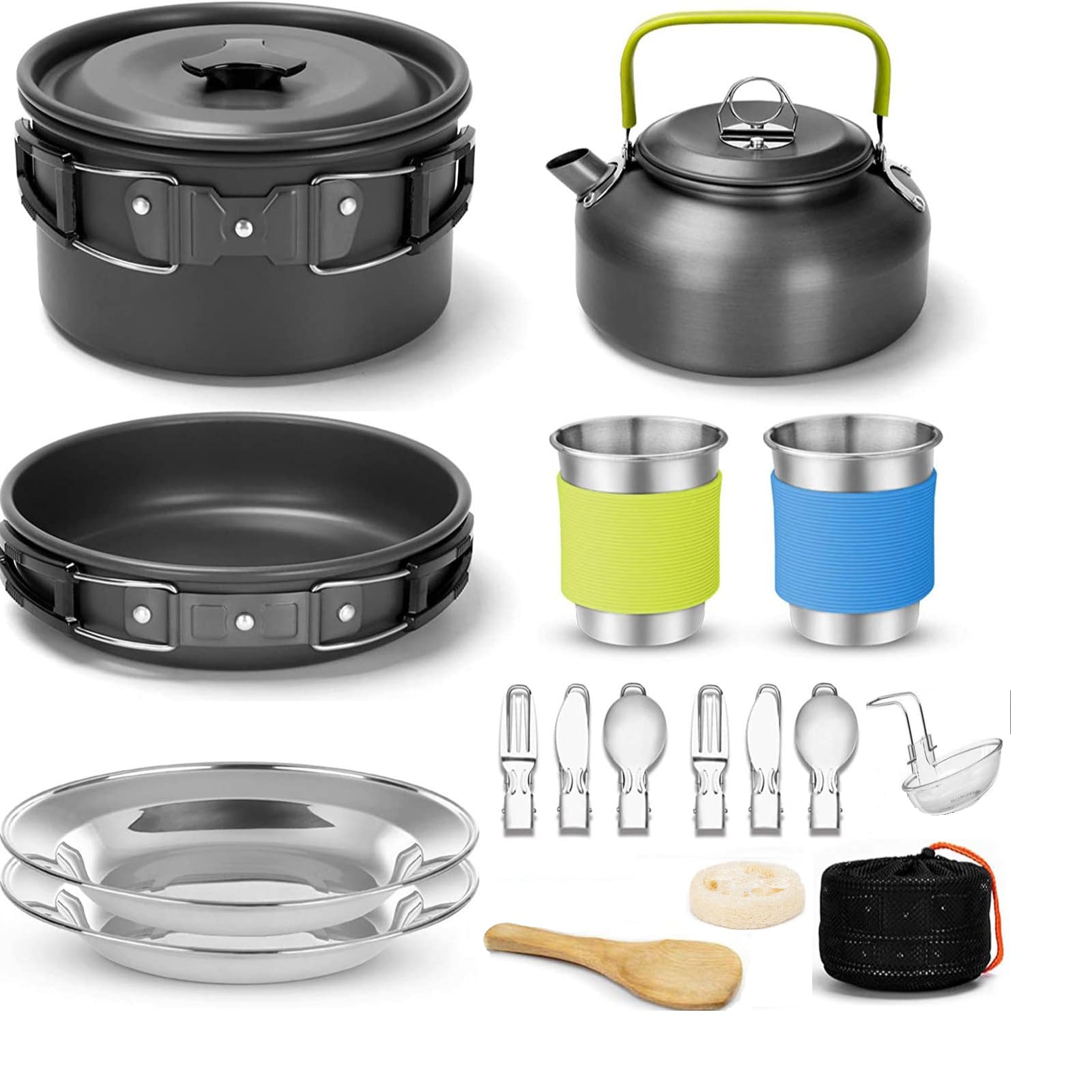 Gurukim 17-Piece Lightweight Camping Cookware Set with Stainless Steel Pot, Pan, Kettle, Cups, Plates & Utensils - Compact Backpacking Cookware for Hiking, Camping, Outdoor Cooking, Picnics & Survival Gear (Perfect for Family Camping Trips & Backcountry Adventures)