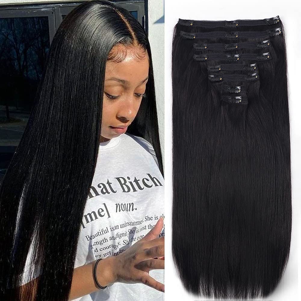8Pcs Remy Human Hair Clip in Extensions 24inch Straight Real Human Hair #1B Natural Black - Soft & Silky for Women | Perfect for Daily Styling, Parties & Special Occasions