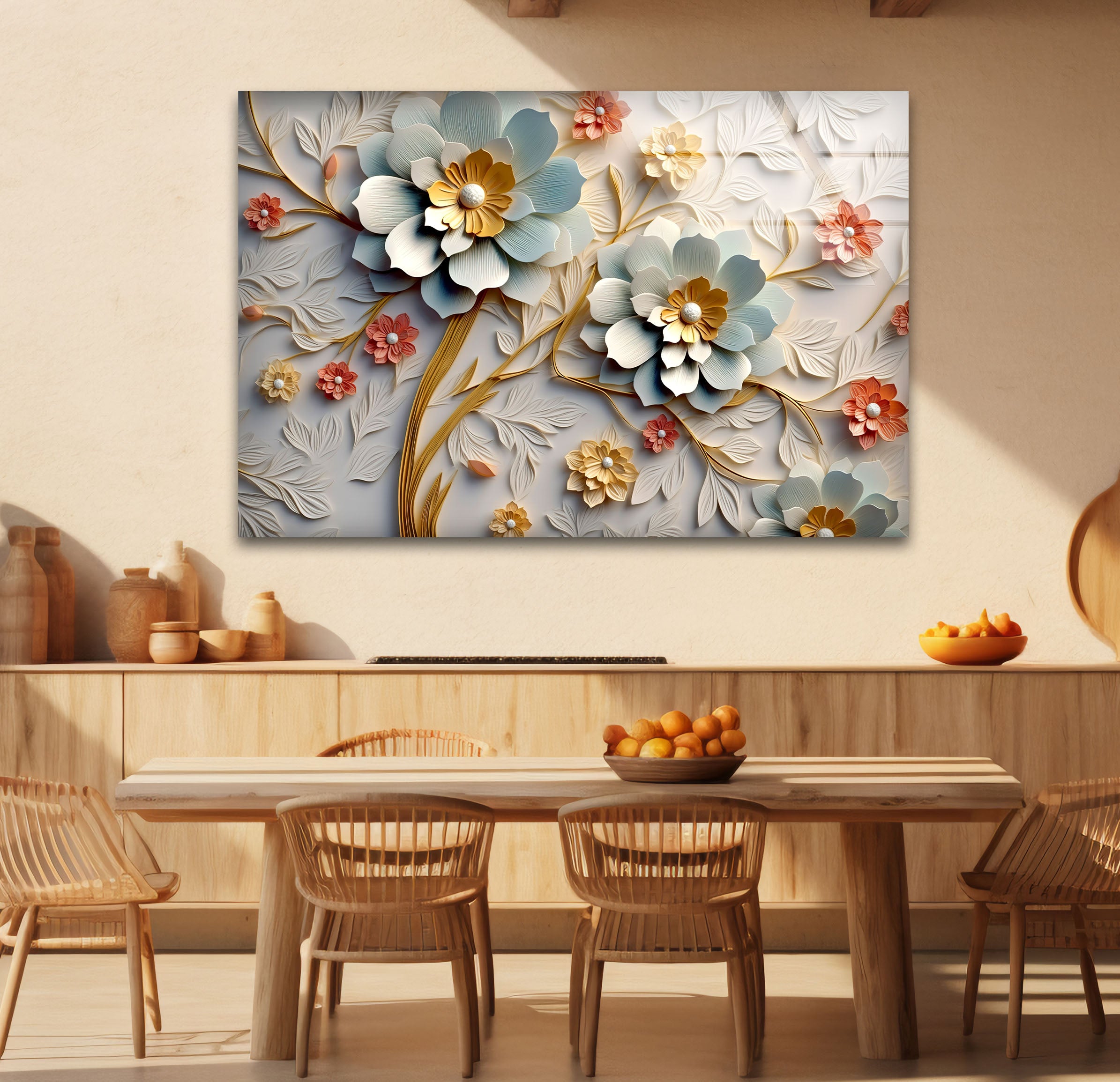 3D Blooming Flower Wall Art - Elegant Embossed Glass Floral Print for Home Decor, Living Room, Bedroom, Office | Modern Botanical Wall Decor for Interior Design