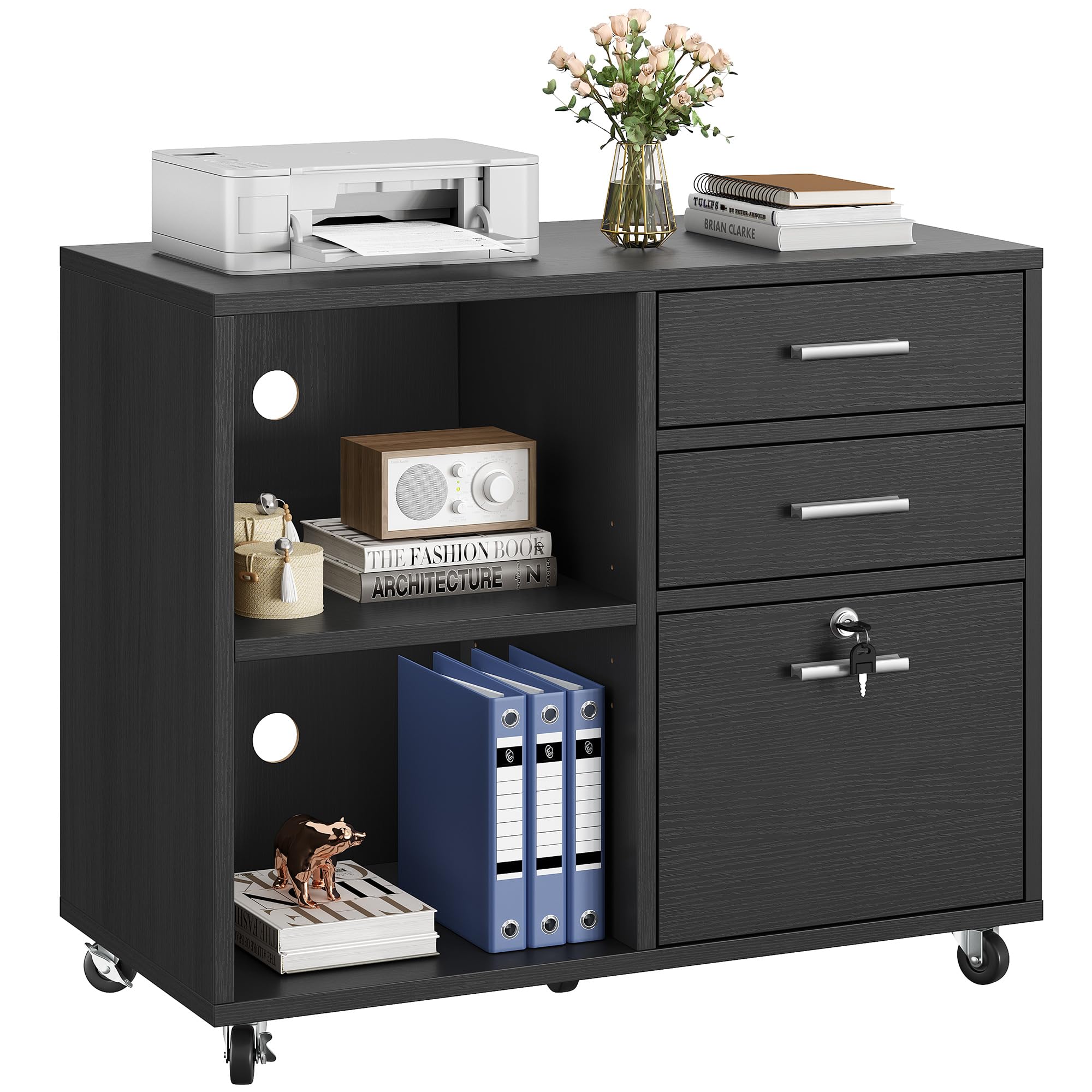 YITAHOME 3-Drawer Wooden File Cabinet with Lock - Mobile Lateral Storage Cabinet & Printer Stand for Home Office Organization - Black Office Furniture - Perfect for Document Storage, Printer Placement & Workspace Organization