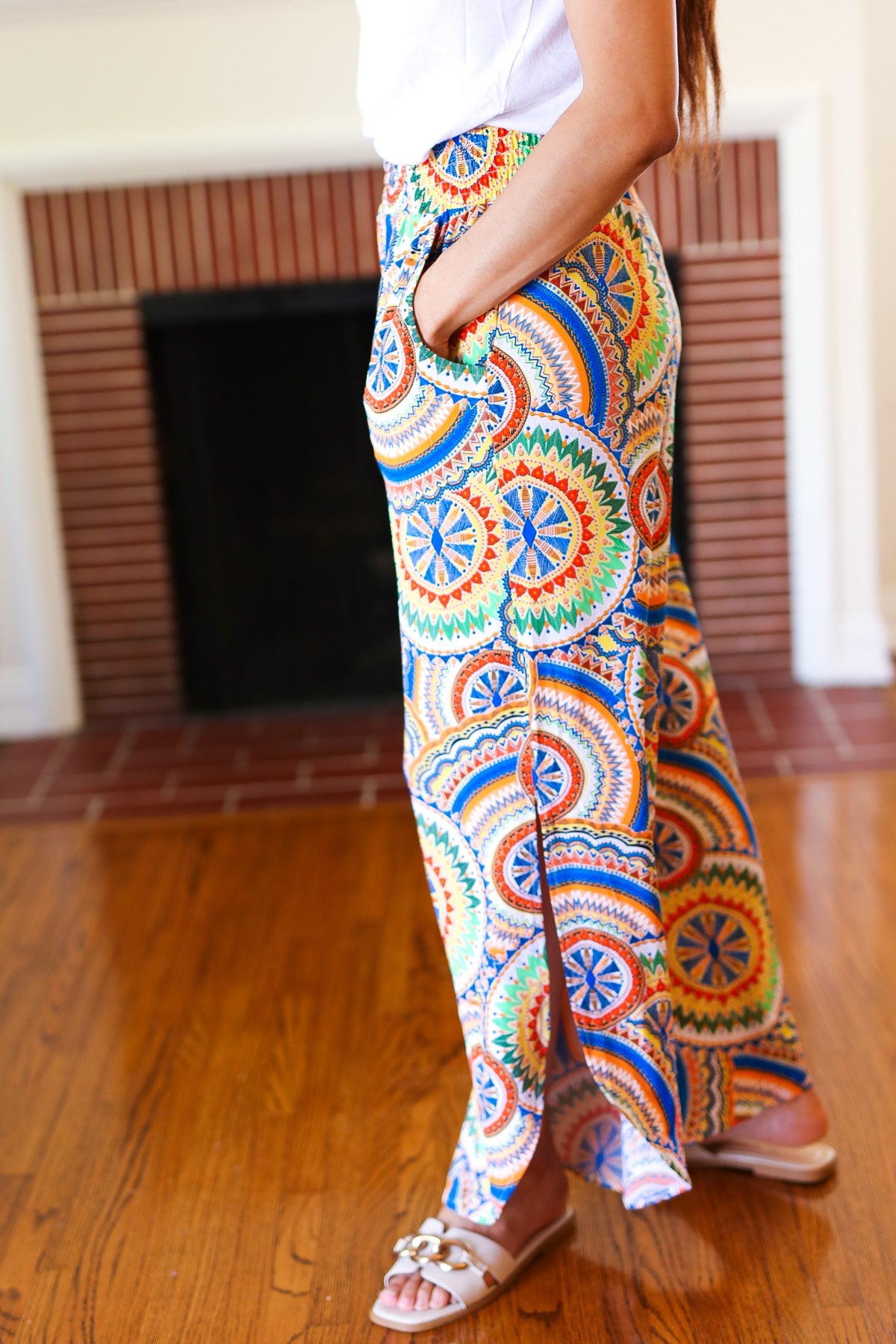 Stylish Multicolor Mandala Print Smocked Waist Palazzo Pants with Side Slits - Perfect for Yoga, Beach Vacations & Boho Fashion Outfits