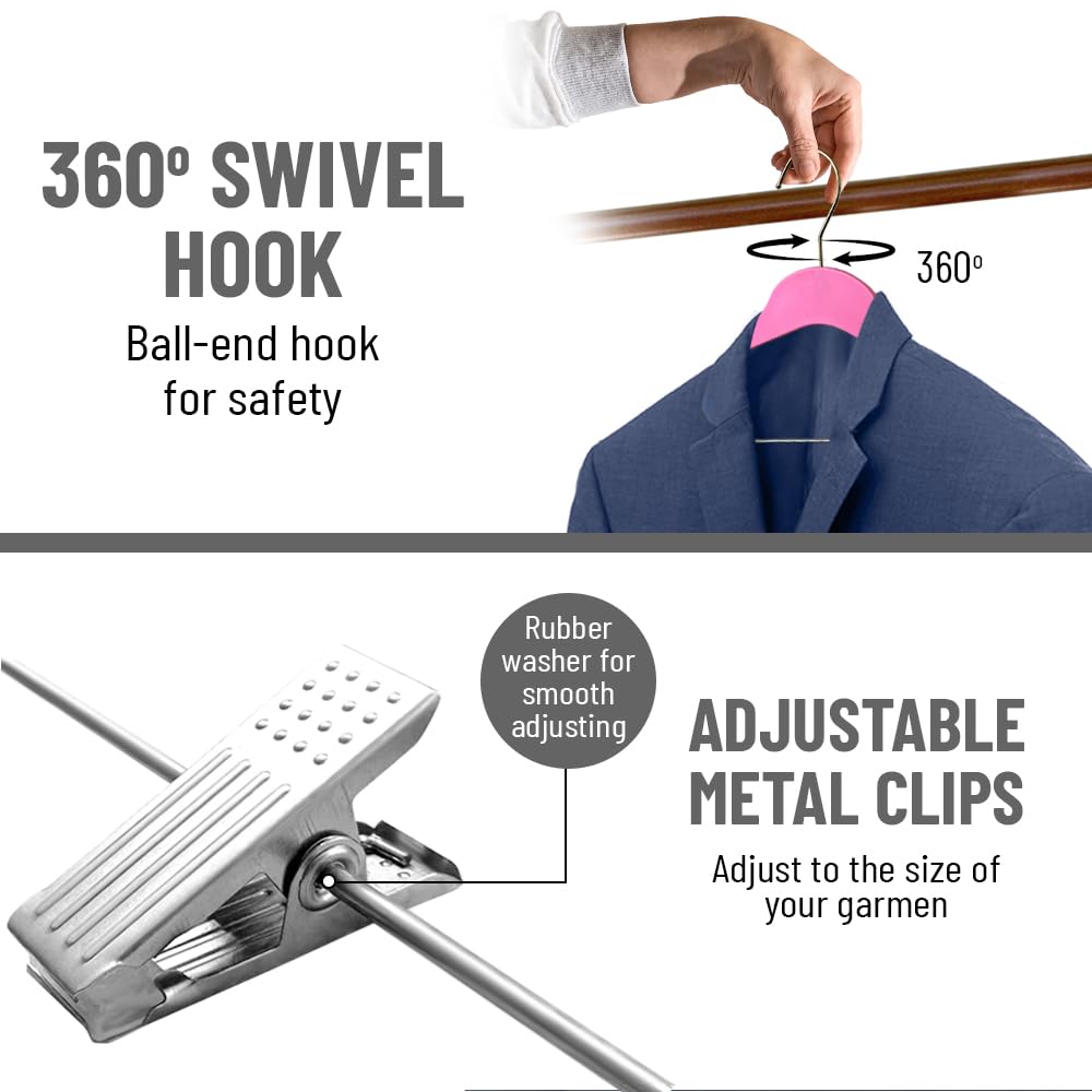 Slim Plastic Hangers with Clips - 100 Pack Space Saving Blouse & Clothes Hangers (Hot Pink) - Perfect for Closet Organization, Retail Stores & Laundry Room Storage