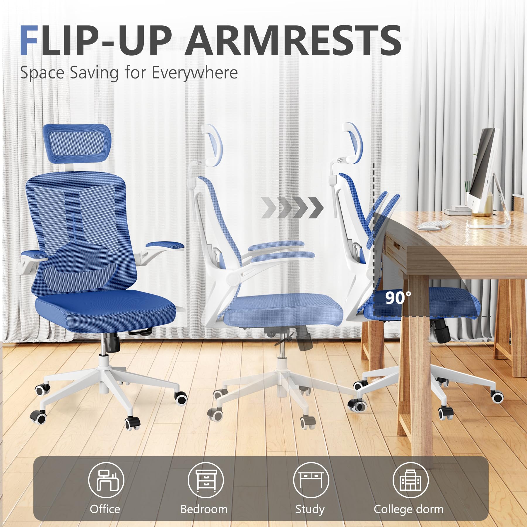 Ergonomic Office Chair with High Back & Lumbar Support - 350LBS Capacity Mesh Computer Desk Chair, Adjustable Headrest & Flip-Up Armrests - Perfect for Home Office, Gaming & Workspaces