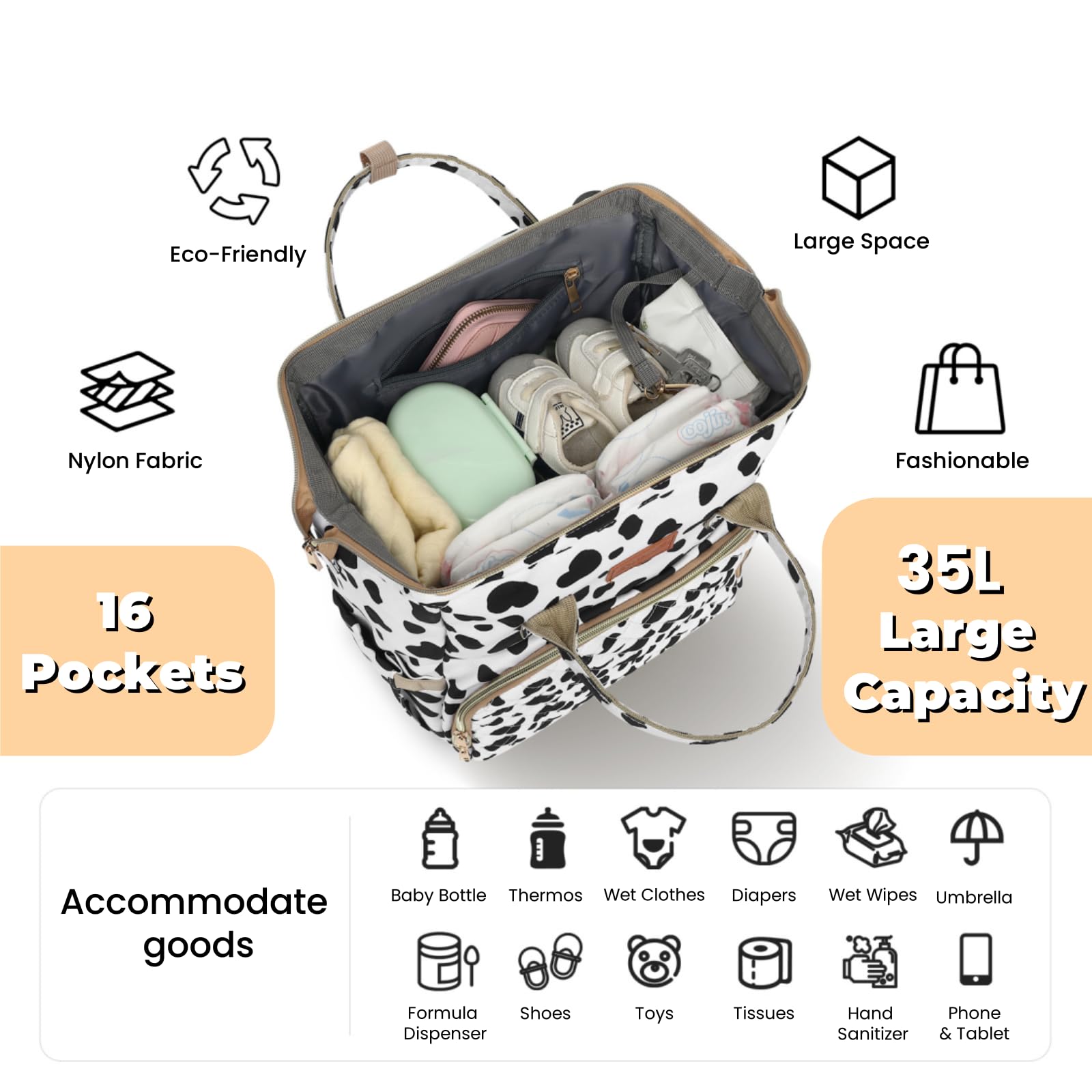 ROSEGIN Large Waterproof Diaper Backpack for Moms - Baby Bag with Changing Pad & Pacifier Case - Stylish Travel Diaper Bag for Boys, Girls & Toddlers - Perfect for Baby Showers, Registry & On-the-Go Parenting (Cow Print)