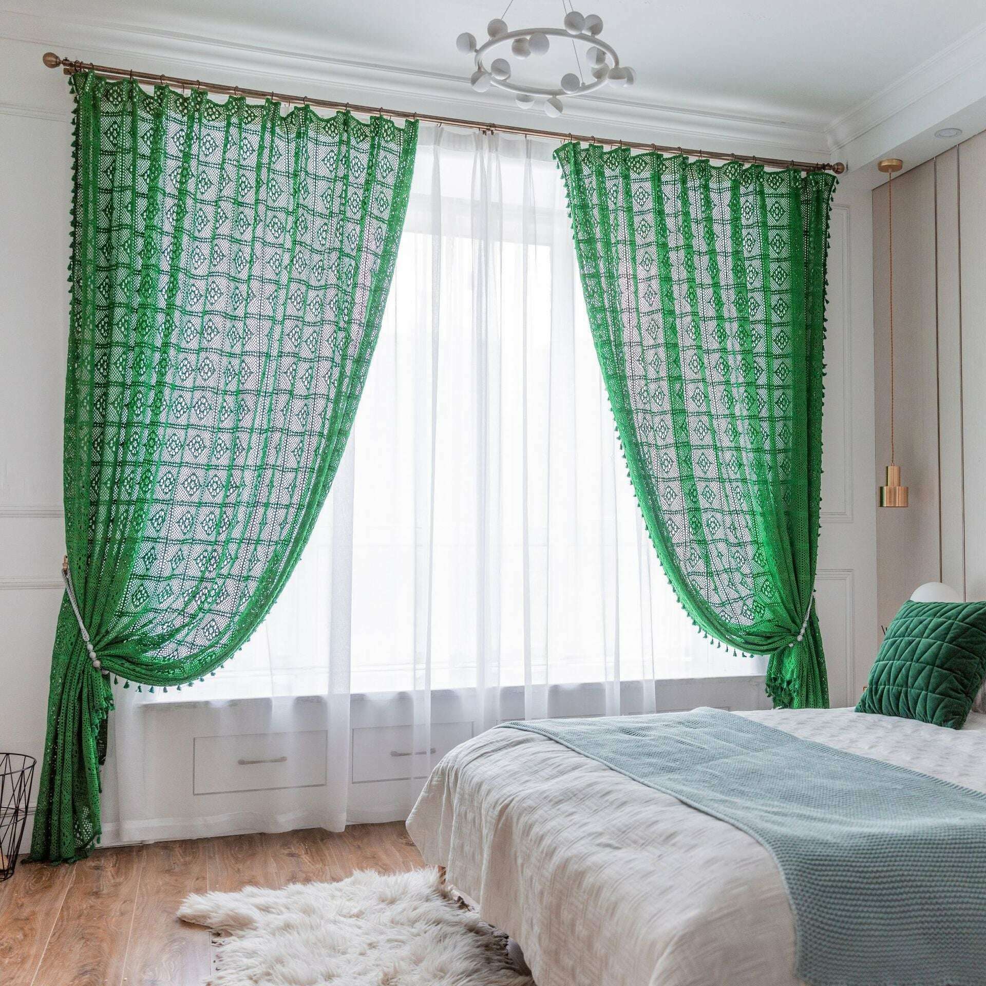 Rémy Crochet Sheer Curtains - Green & Pink Lace Window Drapes for Living Room, Bedroom & Nursery Decor