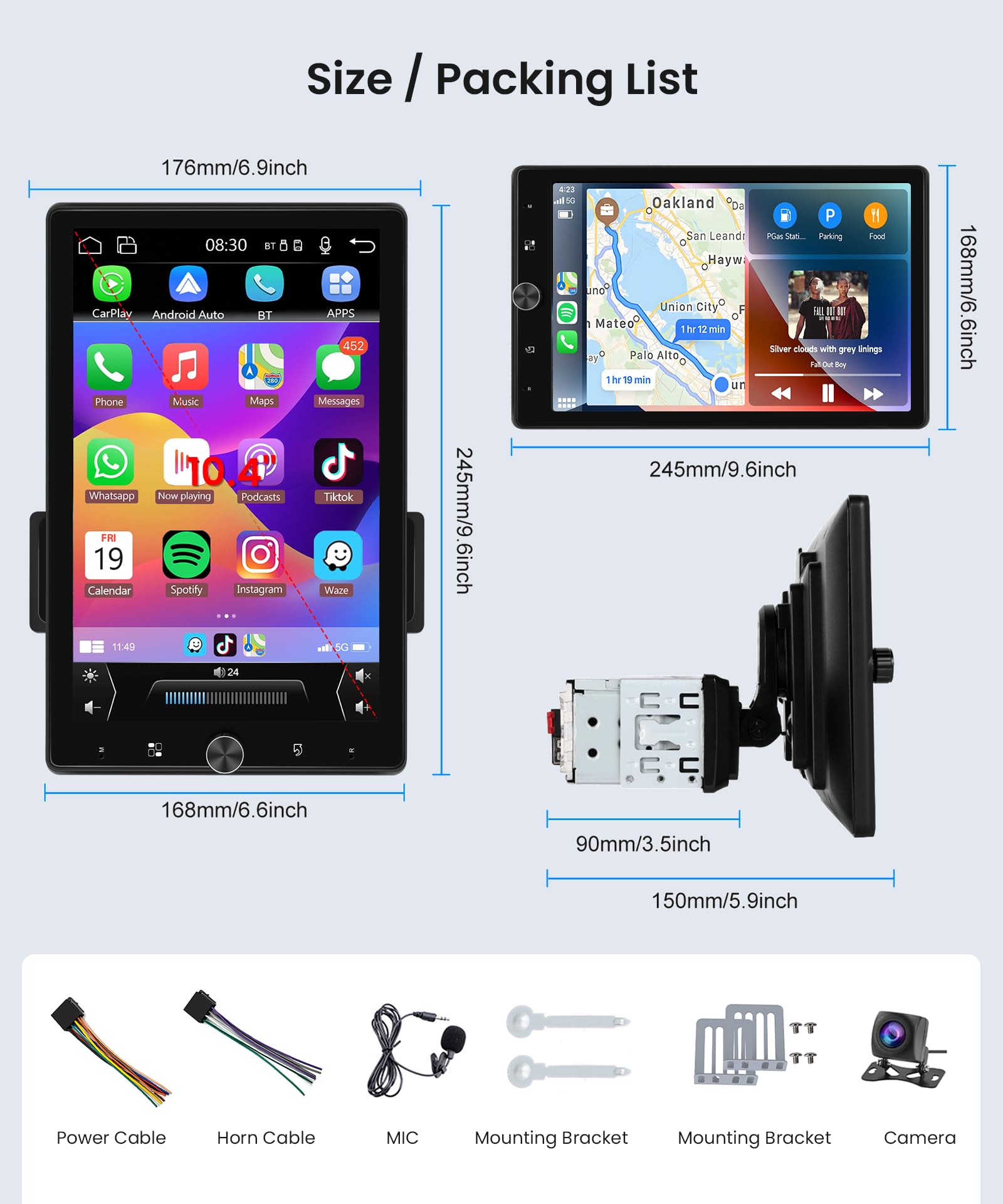 10.4 Inch Single Din Car Stereo with Wireless CarPlay & Android Auto - Vertical Touch Screen Bluetooth FM Radio Head Unit with Backup Camera & Mirror Link | Perfect for Tesla Model 3/Y, Toyota, Honda & More | Easy Installation & Enhanced Driving Experience