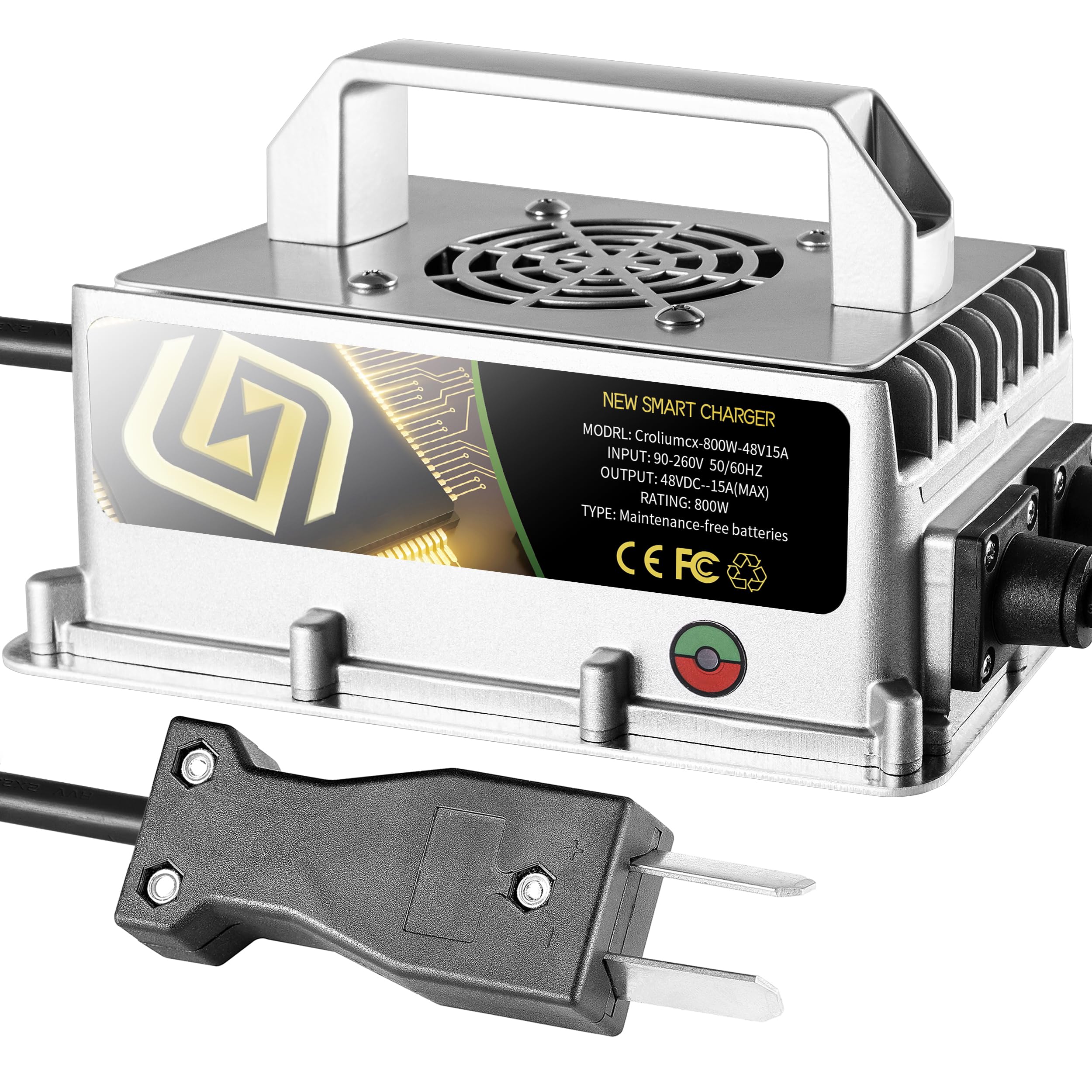 48V 15A Aluminum Golf Cart Battery Charger with 2-Pin Crowfoot Plug - Wide Voltage Input for 48V Golf Carts - Perfect for Home, Club & Course Charging Needs