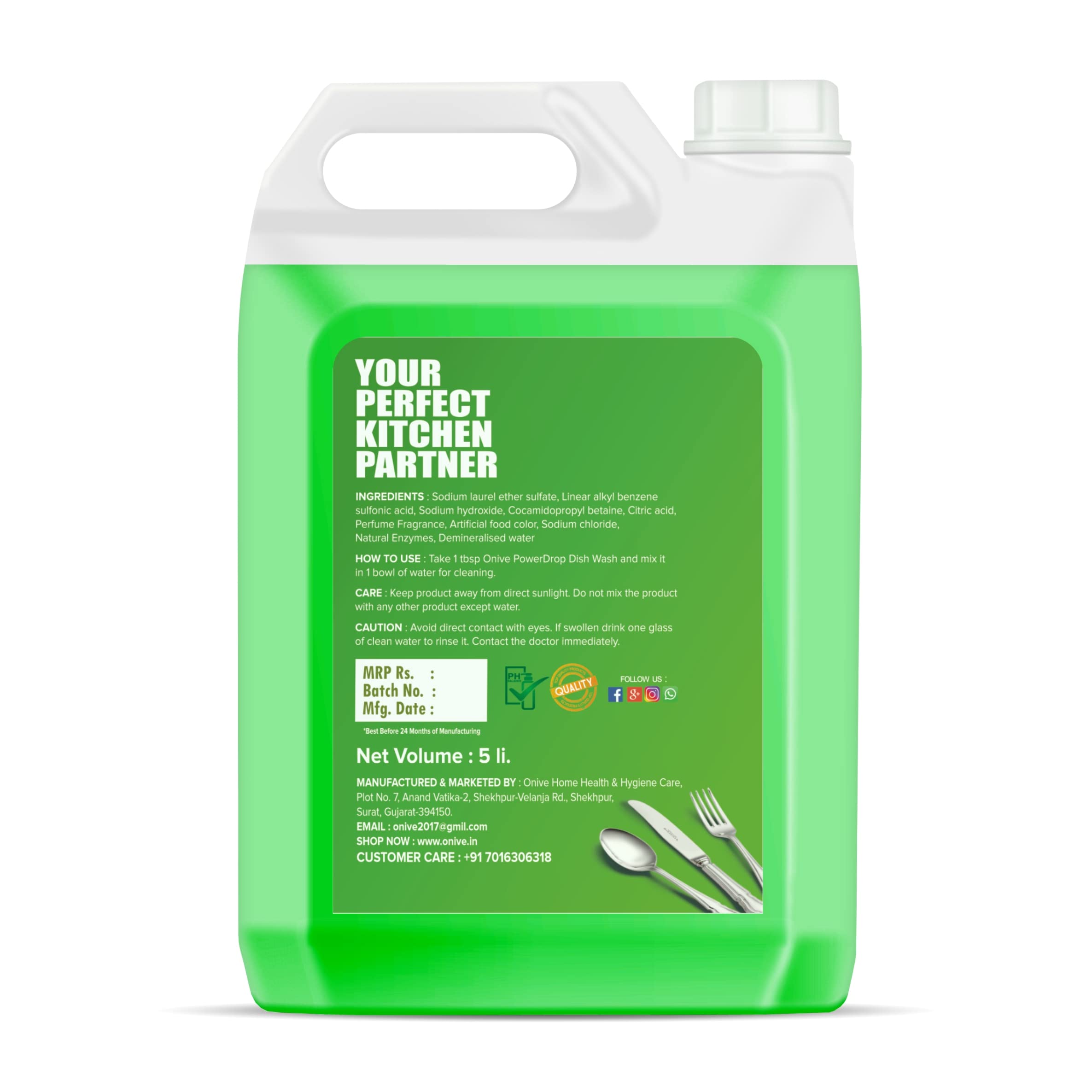 Onive PowerDrop Dish Wash Liquid Gel 5L Refill Pack - Lime Scented, Residue-Free Concentrated Dishwashing Detergent for All Utensils | Ideal for Kitchen Cleaning, Dishwasher Use & Heavy-Duty Pots & Pans