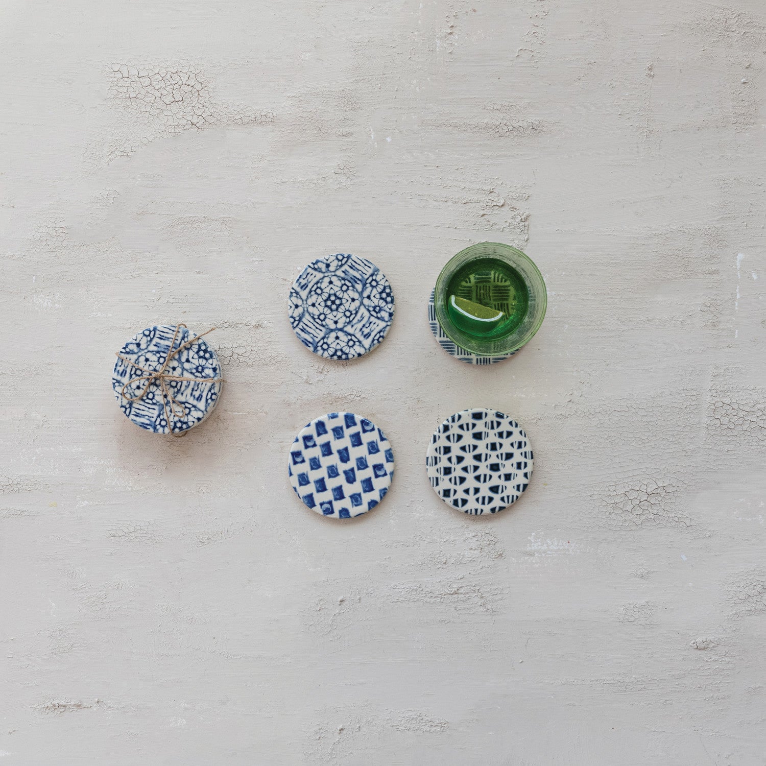 Premium Blue & White Stoneware Coaster Set of 4 - Elegant Ceramic Drink Coasters for Home & Office - Perfect for Coffee, Wine & Beverage Protection