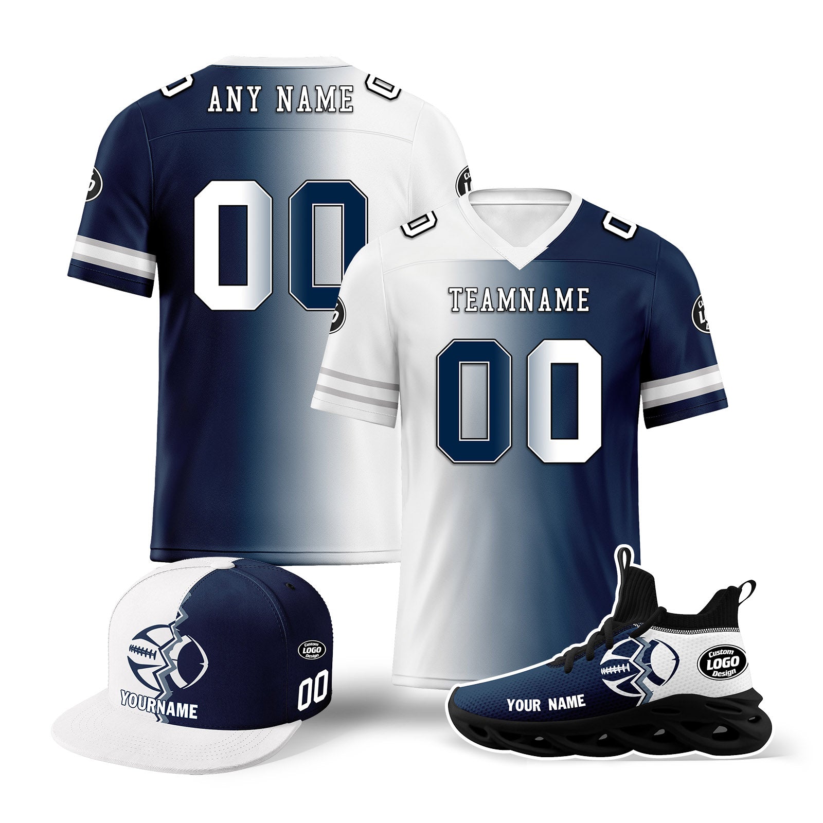 Custom Deep Blue & White Texas Football Jersey with MaxSoul Shoes & Hat Combo - Personalized Football Uniform Set for Fans & Players - Perfect for Game Day, Tailgating, and Team Spirit Events