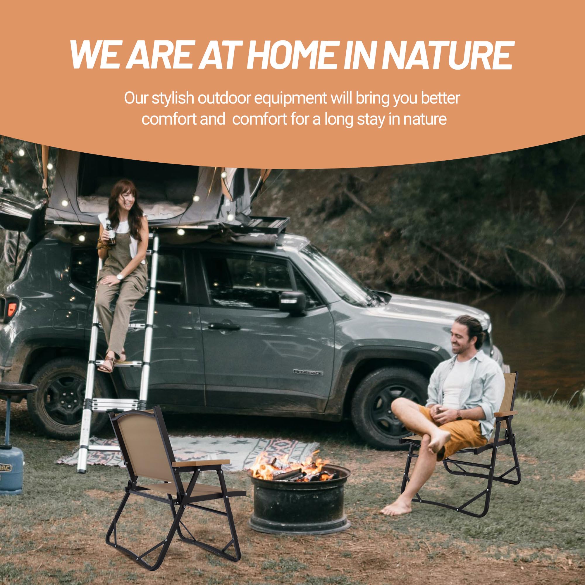 Lightweight Folding Camping Chair - Portable Aluminum Outdoor Beach Chair with Solid Wood Armrests for Hiking, Fishing, Picnics & Backpacking | Perfect for Camping Trips, Beach Relaxation & Outdoor Adventures (Gravel Brown)
