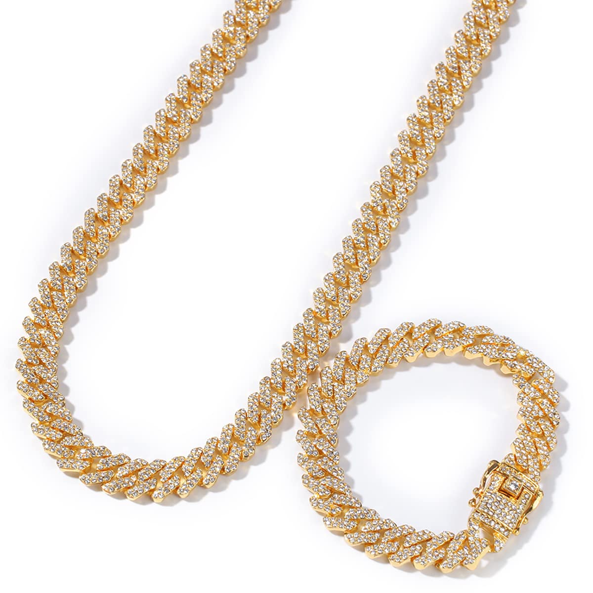 Iced Out Gold Miami Cuban Link Chain & Bracelet Set for Men - Heavy Duty Bling Hip Hop Jewelry | Perfect for Parties, Gifts & Streetwear Fashion