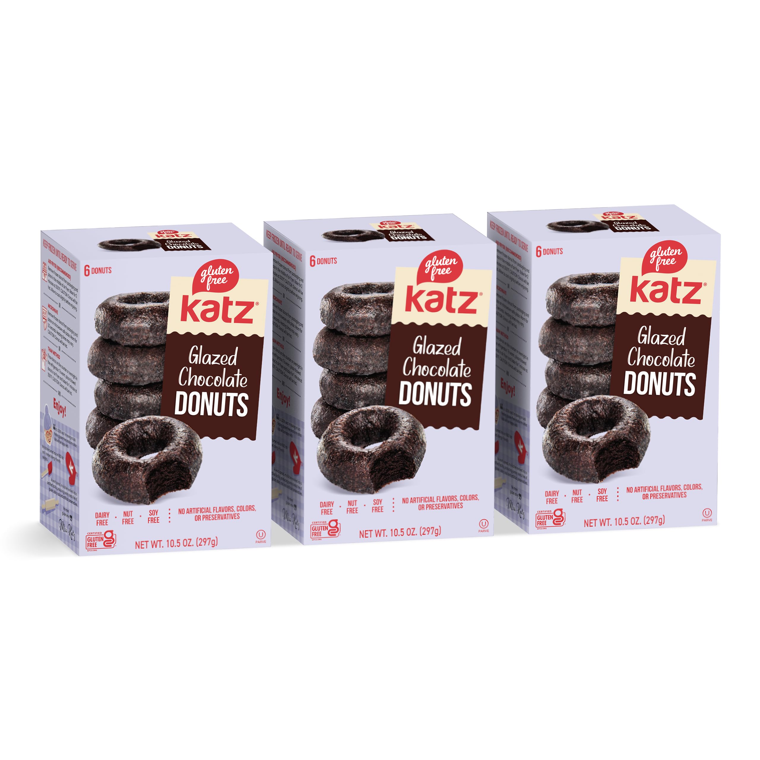 Katz Gluten Free Glazed Chocolate Donuts - Dairy Free, Nut Free, Soy Free, Kosher Certified (3 Packs of 6 Donuts, 10.5 oz Each) - Perfect for Breakfast, Snacks & Special Diets