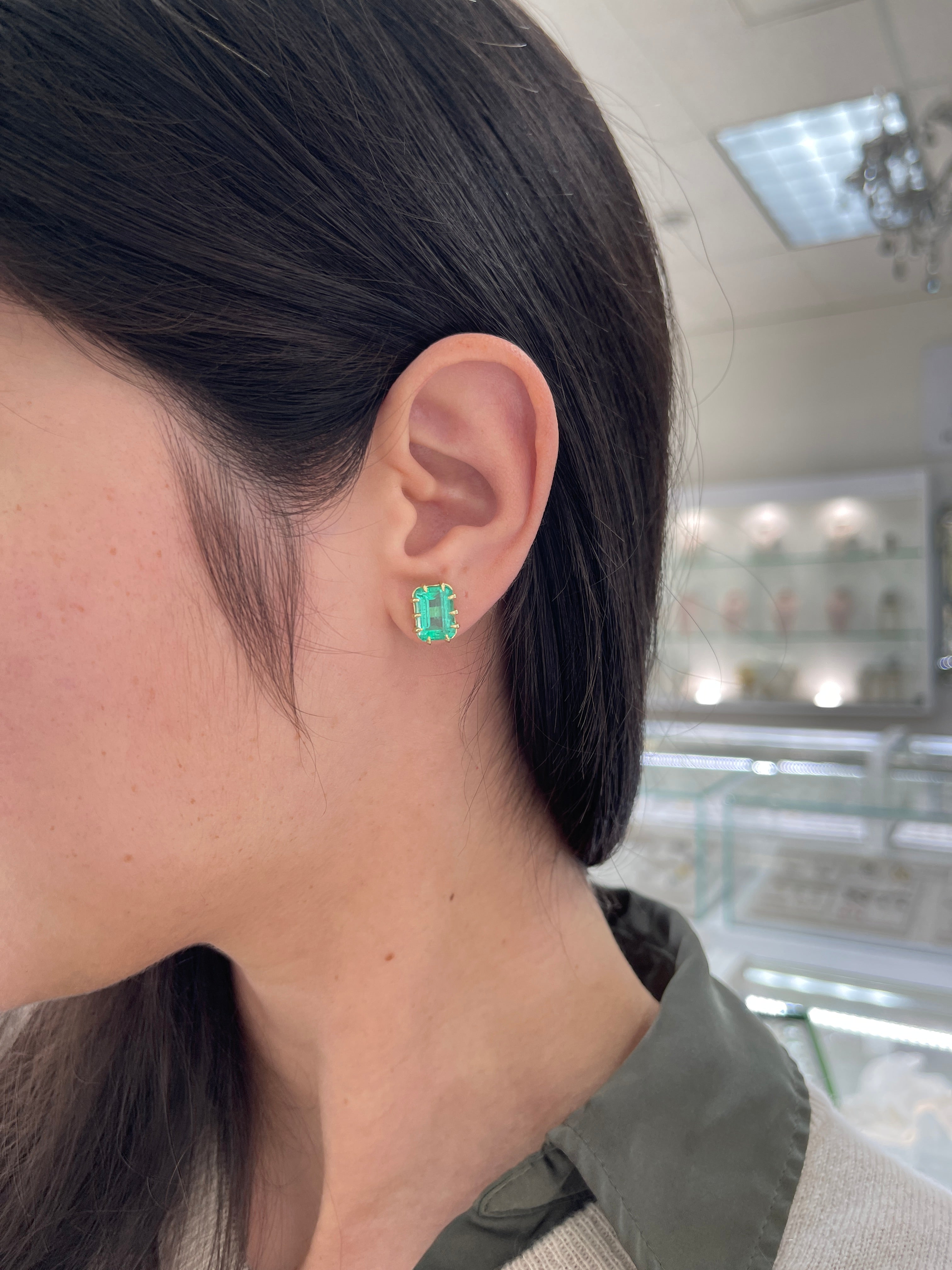 6.24tcw Colombian Emerald Multi-Prong 18K Gold Statement Stud Earrings for Women - Elegant Jewelry for Parties, Weddings & Special Occasions
