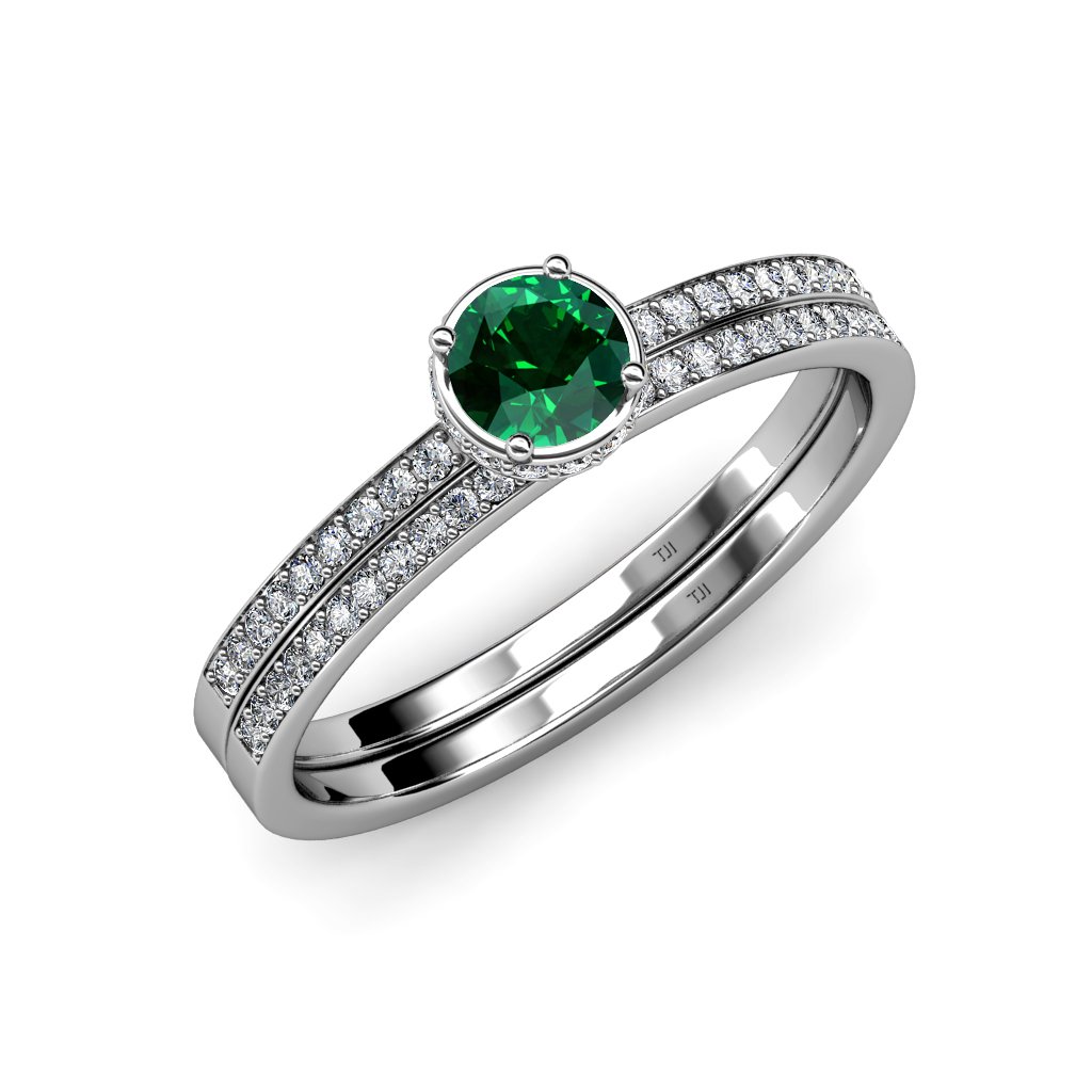 0.95ctw Emerald & Diamond Halo Engagement Ring & Wedding Band Set in 14K White Gold – Perfect for Proposals, Anniversaries & Bridal Jewelry