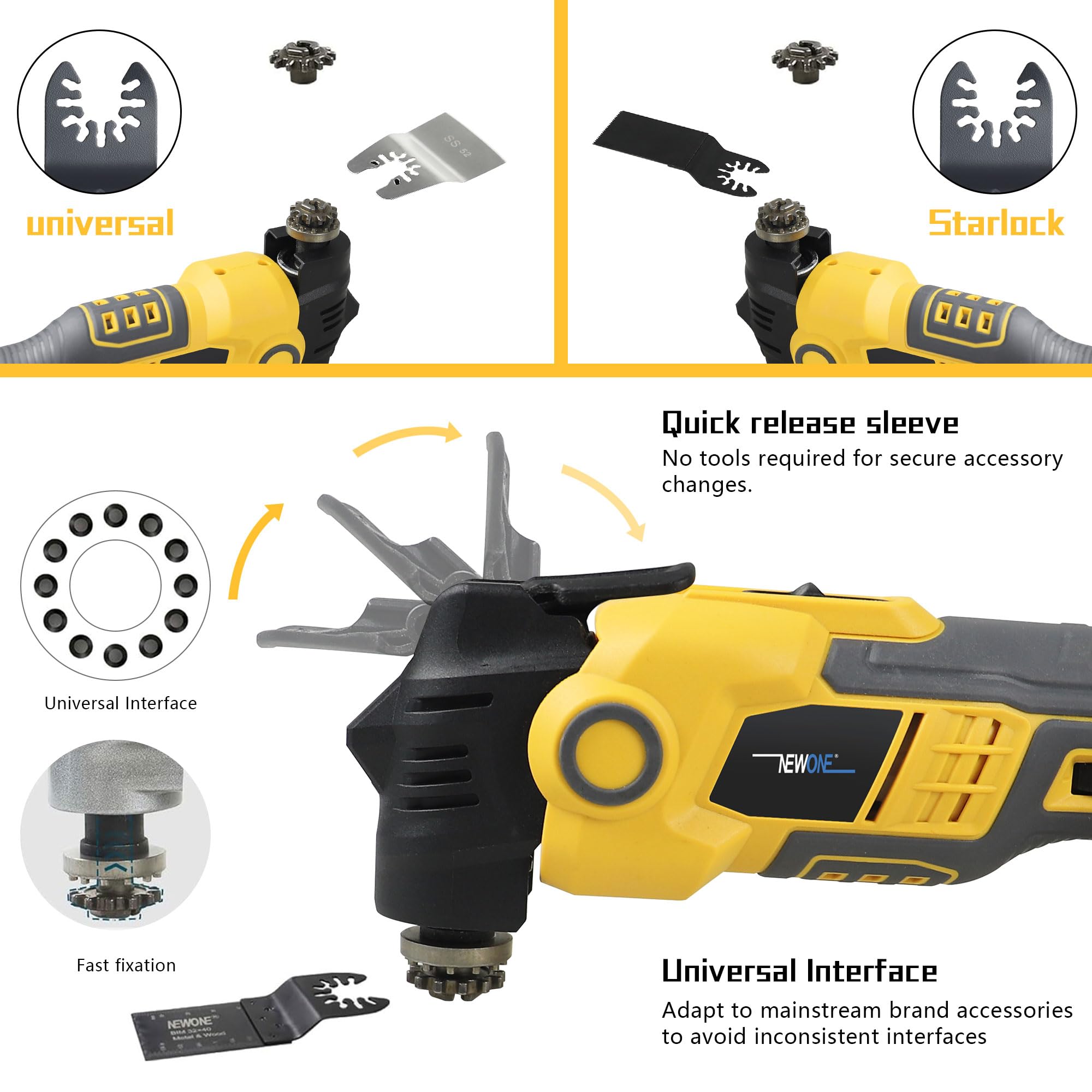 NEWONE Oscillating Multi-Tool Kit - Compatible with DeWalt 20V Battery, 6 Variable Speed, 3.6° Oscillation Angle, Anti-Vibration Design with 16-Piece Accessory Blades Set - Perfect for Woodworking, Flooring, Grout Removal & DIY Home Renovation Projects
