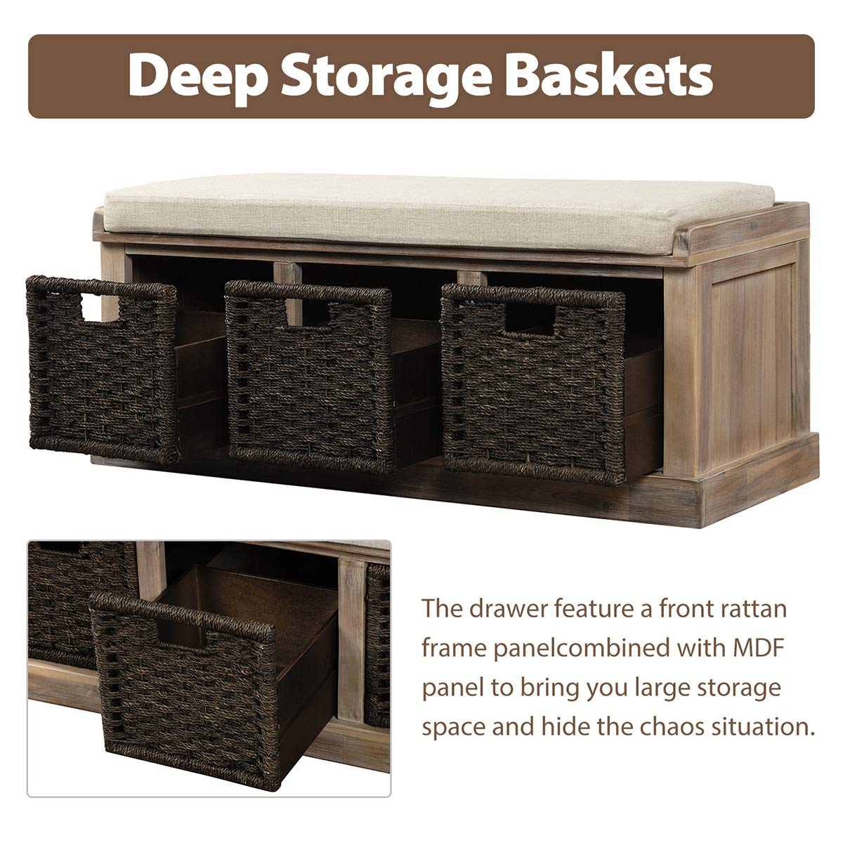SLEERWAY Shoe Storage Bench with 3 Rattan Baskets & Removable Cushion - Farmhouse Entryway Bench for Mudroom, Living Room, Hallway - No Assembly Required - Perfect for Organizing Shoes, Hats & Home Decor