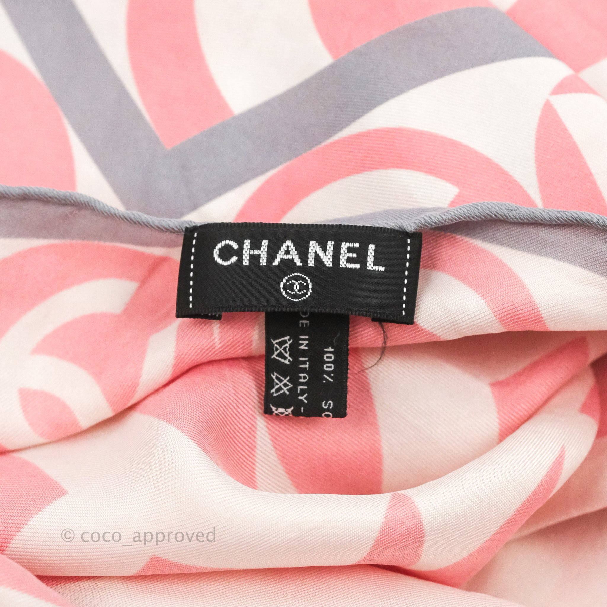 Chanel CC Silk Square Scarf 90 - Luxury Grey Pink White Fashion Scarf for Women | Perfect for Office, Party & Gift Giving