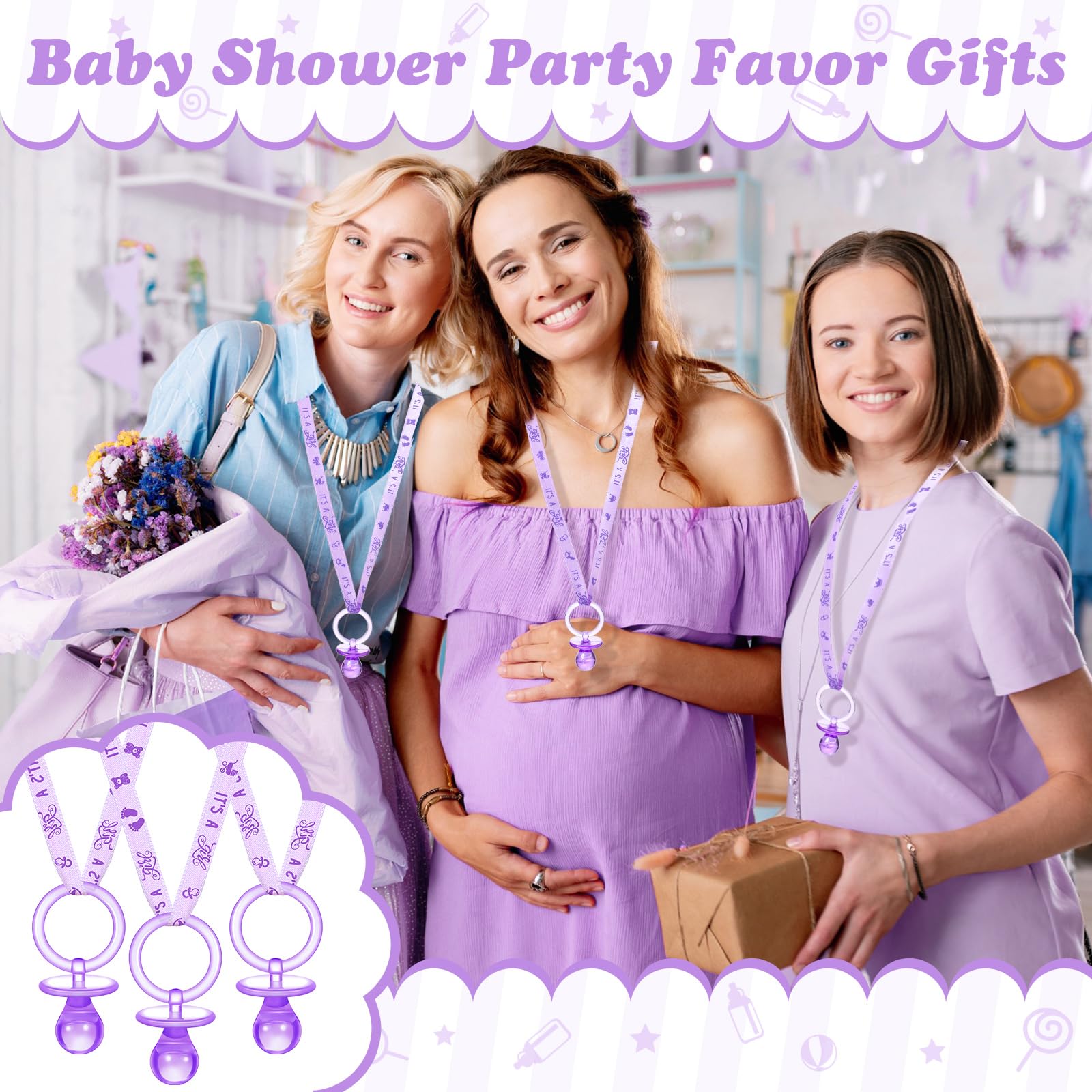 36 Pcs Baby Shower Pacifier Necklaces - Acrylic Pacifier Party Favors for Girls & Boys - Purple & Light Purple Baby Shower Decorations - Perfect for Baby Shower Party Decor, Table Scatter & Gender Reveal Events