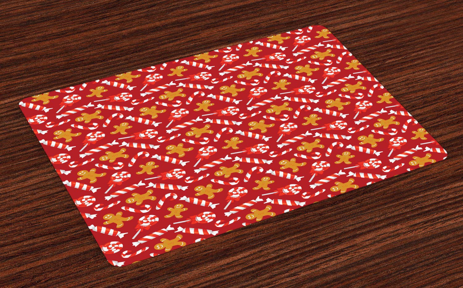 Lunarable Christmas Place Mats Set of 4 - Gingerbread Man & Candy Cane Design, Washable Fabric Dining Table Mats for Holiday Decor, Standard Size 12x18 Inches, Brown & Vermilion - Perfect for Christmas Dinner, New Year Party, and Festive Home Decor