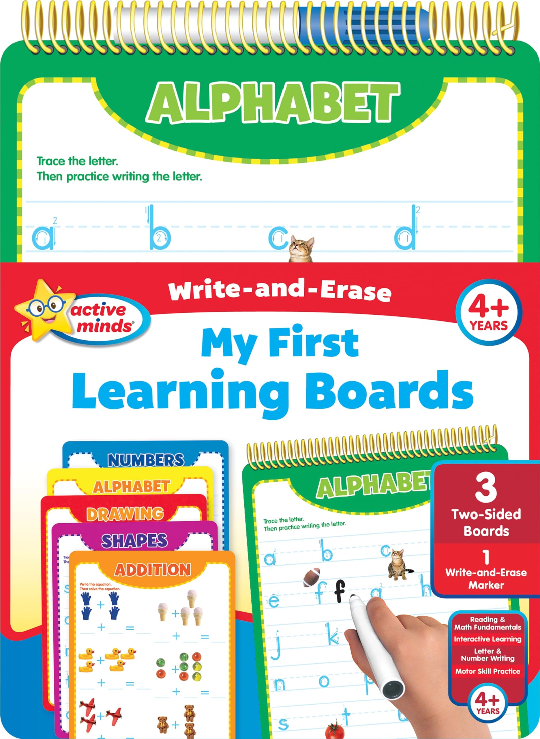 Active Minds Write-and-Erase Wipe Clean Learning Boards for Kids Ages 4+ - Practice Numbers, Addition, Alphabet, Shapes & Drawing - Reusable Educational Activity for Preschool & Kindergarten Classroom or Homeschool