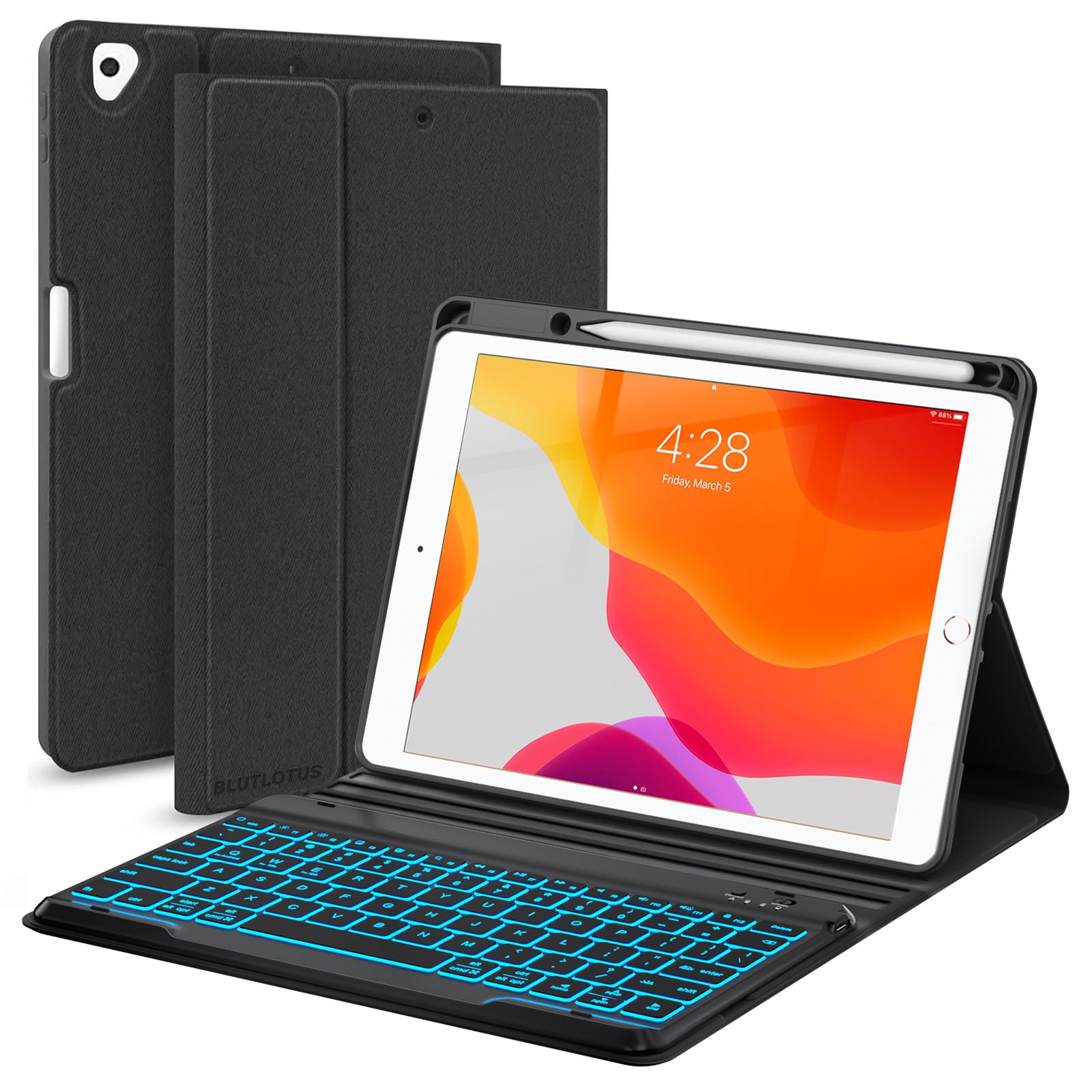 BLUTLOTUS iPad 9th Generation Case with Backlit Wireless Keyboard - Detachable Folio Cover for 10.2