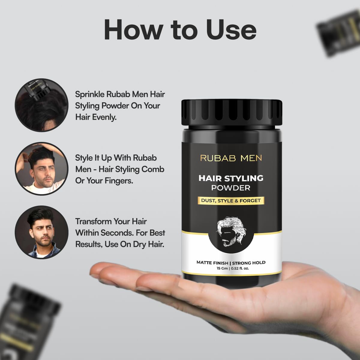 RUBAB MEN Hair Volume Powder - 15g Natural Volumizing & Styling Powder for Men with 24-Hour Strong Hold | Texture Enhancing Hair Wax Powder | Perfect for Daily Styling, Special Occasions & Thinning Hair