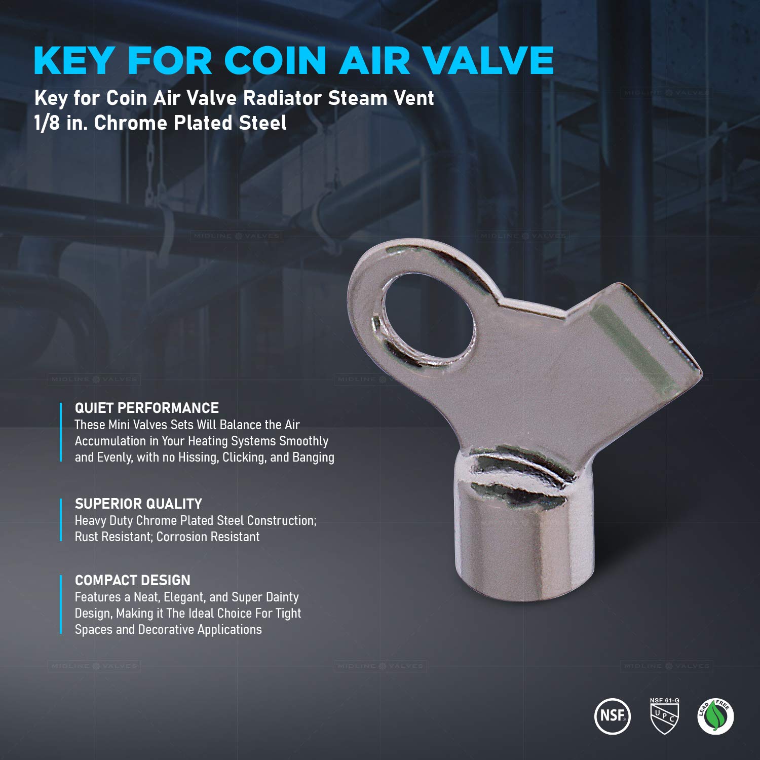 6I623-5 Midline Valve Key for Coin Air Valve - 1/8 Inch Chrome Plated Steel (5 Pack) - Perfect for Radiator Steam Vent & HVAC System Maintenance