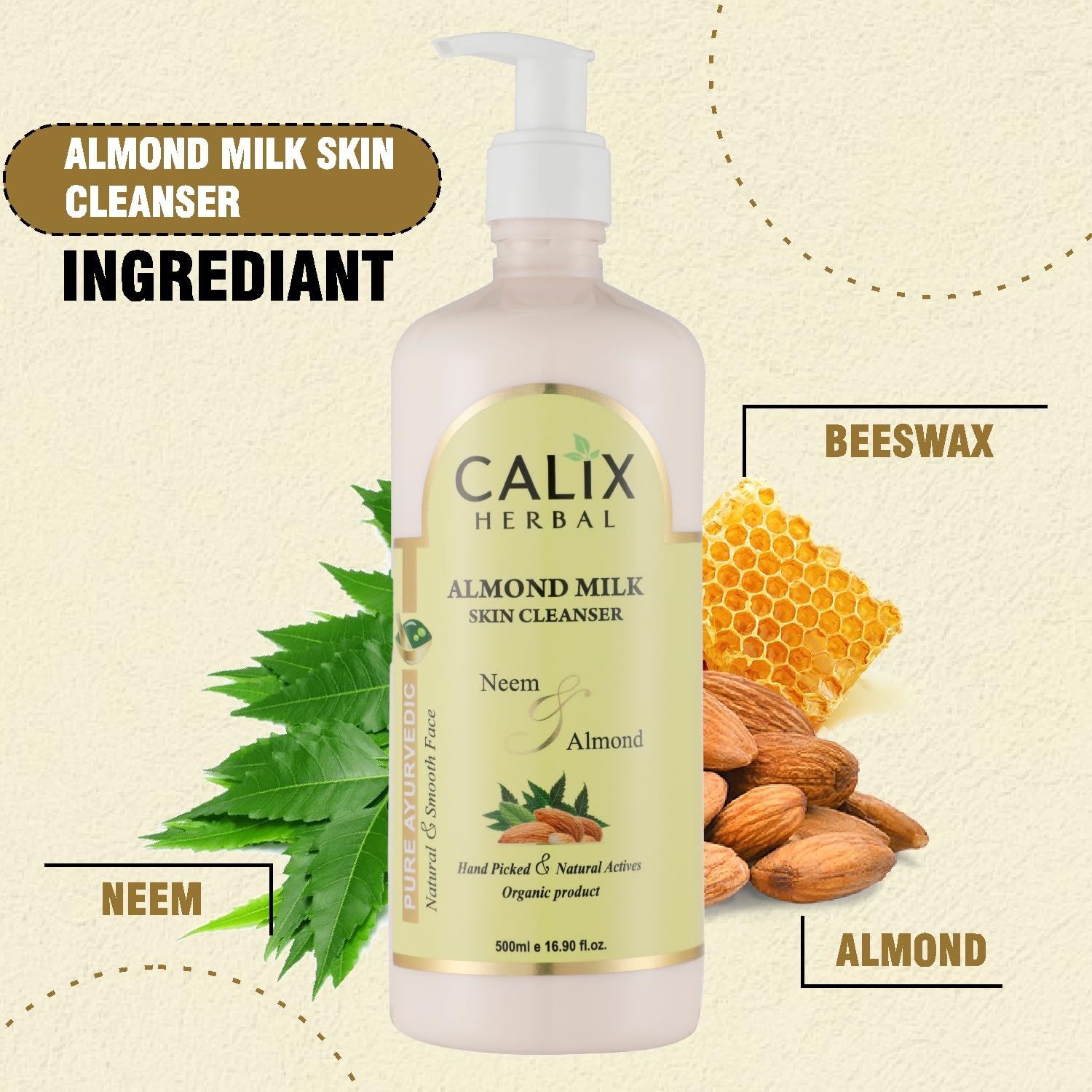 Organic Ayurvedic Almond Milk Skin Cleanser by Calix - Nourishing Face Wash for Dull & Dehydrated Skin | Men & Women | All Skin Types | 500ml | Perfect for Daily Skincare Routine & Travel