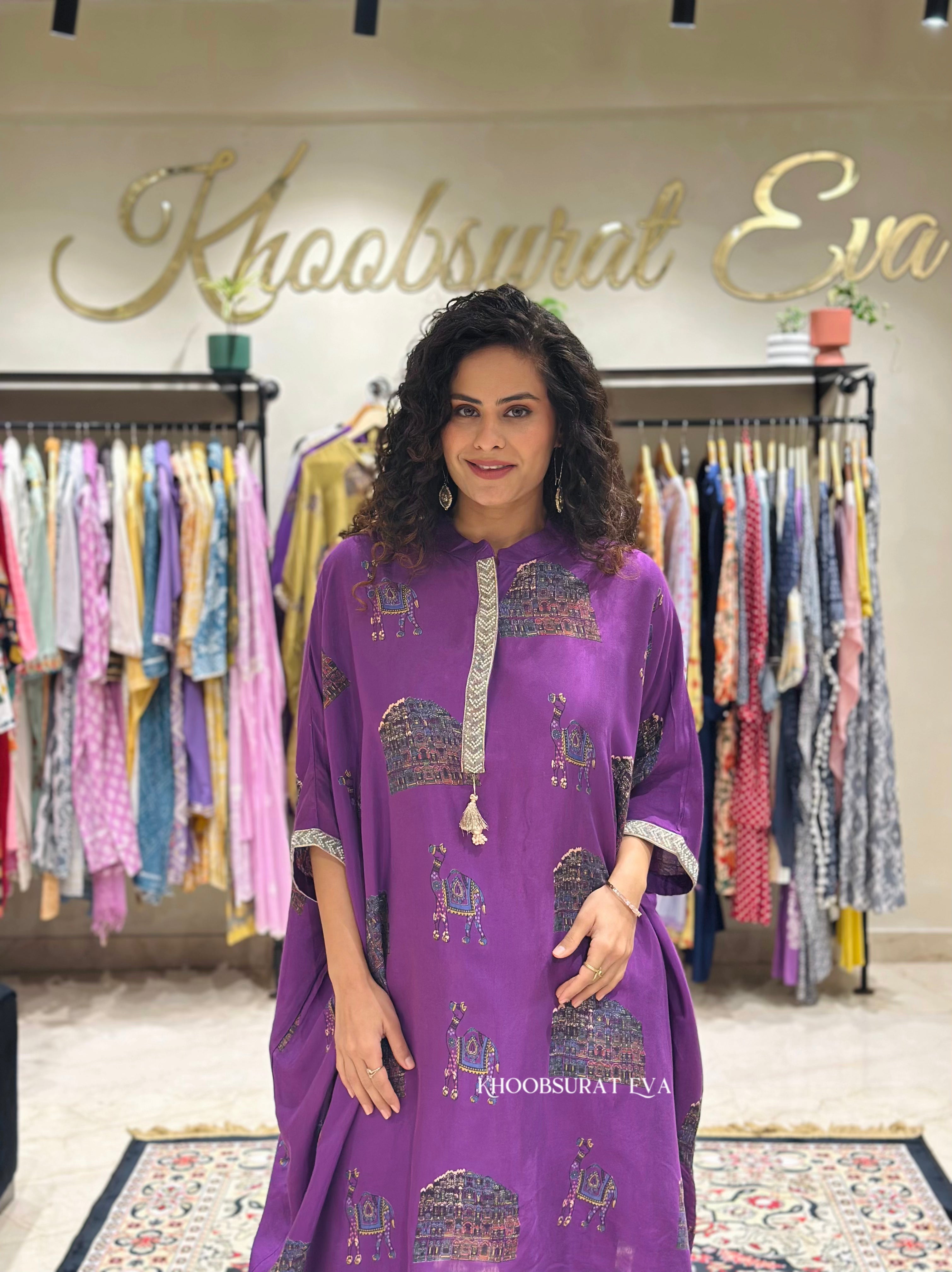 Elegant Purple Kaftan Tunic Set for Women - Boho Chic Loungewear & Beach Cover Up - Perfect for Vacation, Poolside, and Summer Outfits