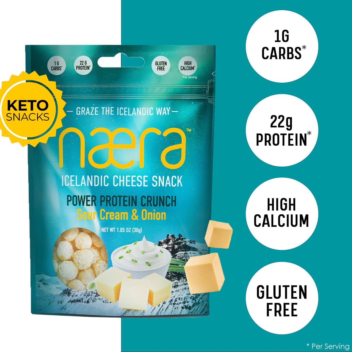 Næra Icelandic - 2-Pack Sour Cream & Onion 100% Cheese Protein Snacks | High Protein, Natural Crunchy Snacks for Adults & Kids (1.05 oz each) | Perfect for On-the-Go, School Lunches & Healthy Snacking